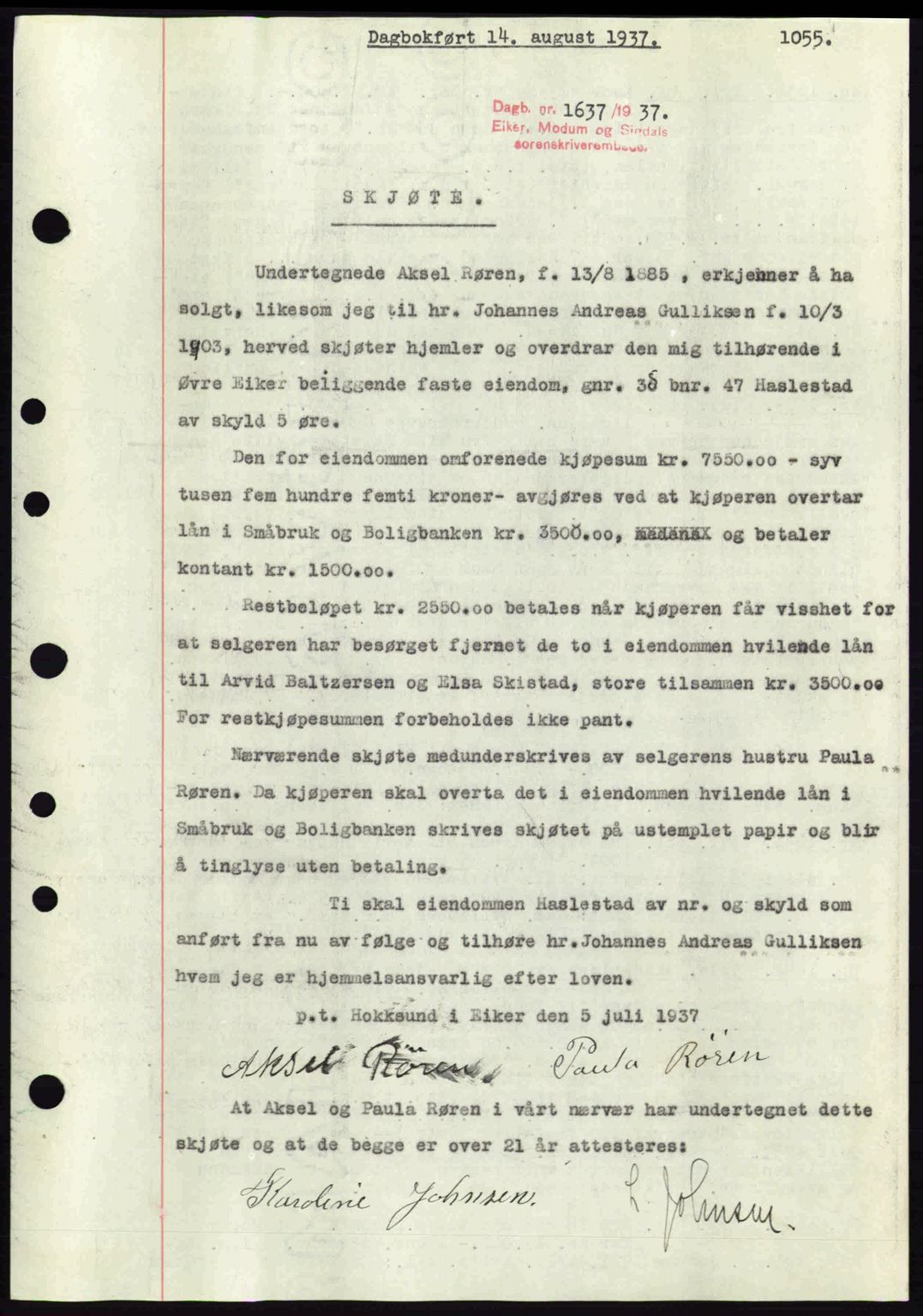 Eiker, Modum og Sigdal sorenskriveri, SAKO/A-123/G/Ga/Gab/L0035: Mortgage book no. A5, 1937-1937, Diary no: : 1637/1937