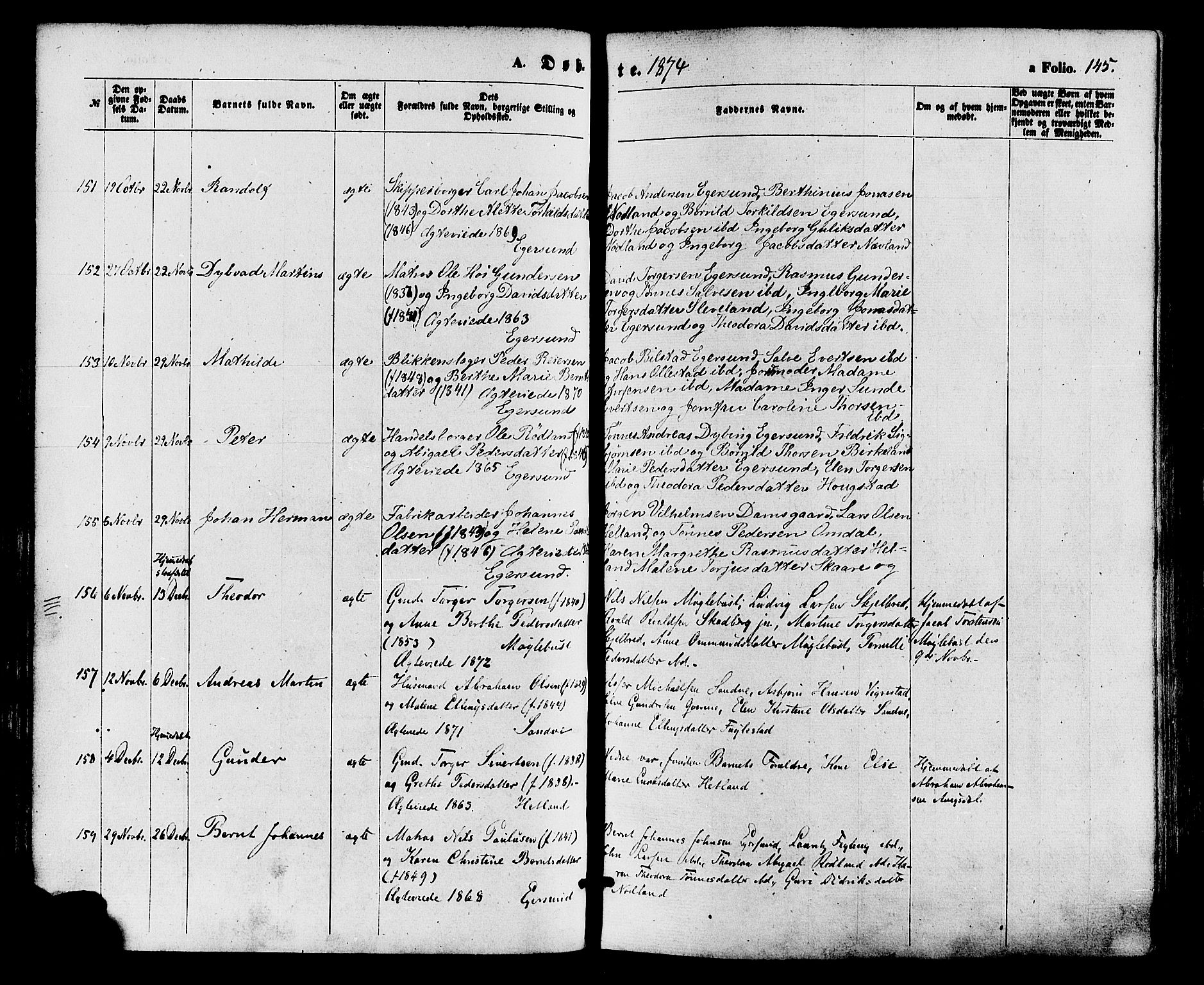 Eigersund sokneprestkontor, AV/SAST-A-101807/S08/L0014: Parish register (official) no. A 13, 1866-1878, p. 145