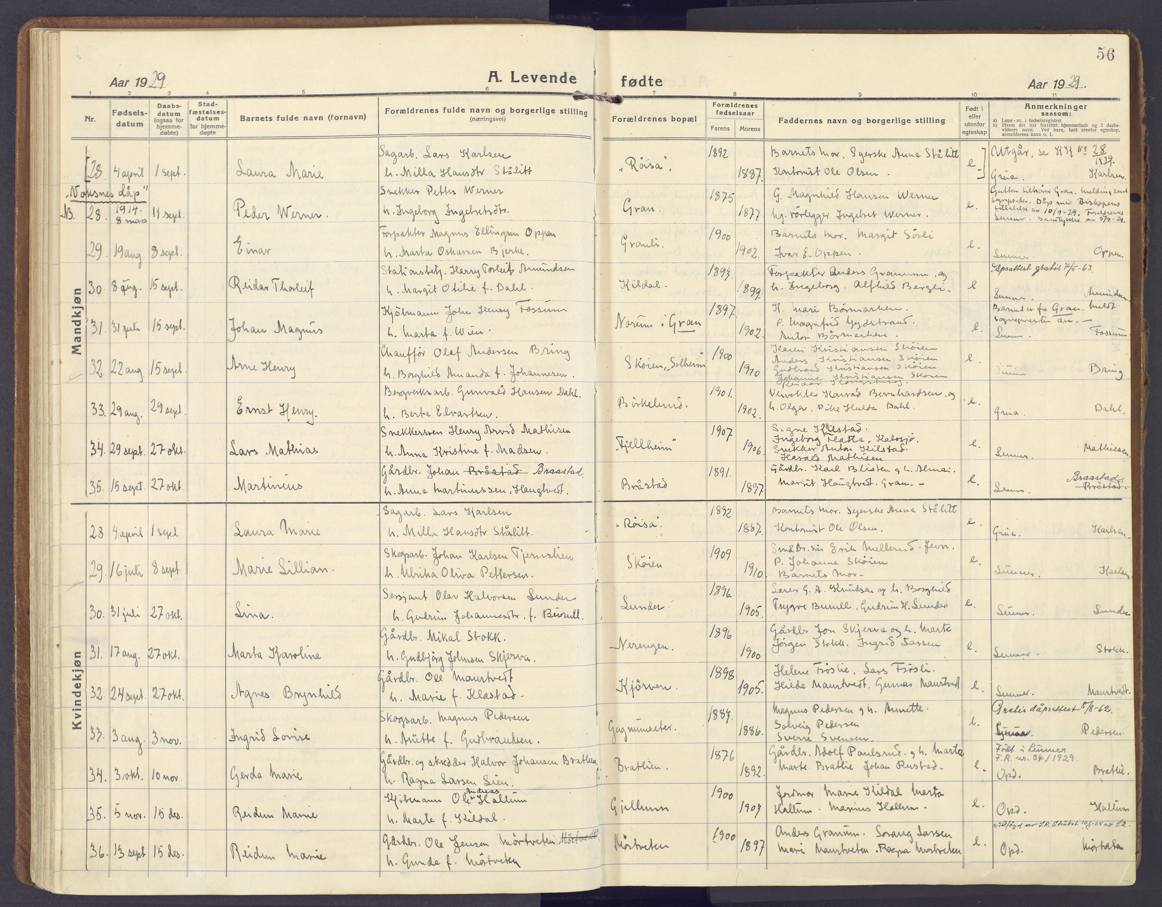 Lunner prestekontor, AV/SAH-PREST-118/H/Ha/Haa/L0002: Parish register (official) no. 2, 1922-1931, p. 56