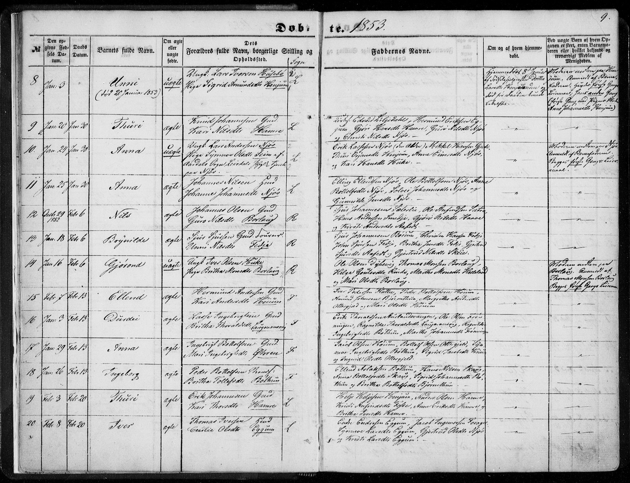 Leikanger sokneprestembete, AV/SAB-A-81001/H/Haa/Haaa/L0008: Parish register (official) no. A 8, 1852-1868, p. 9