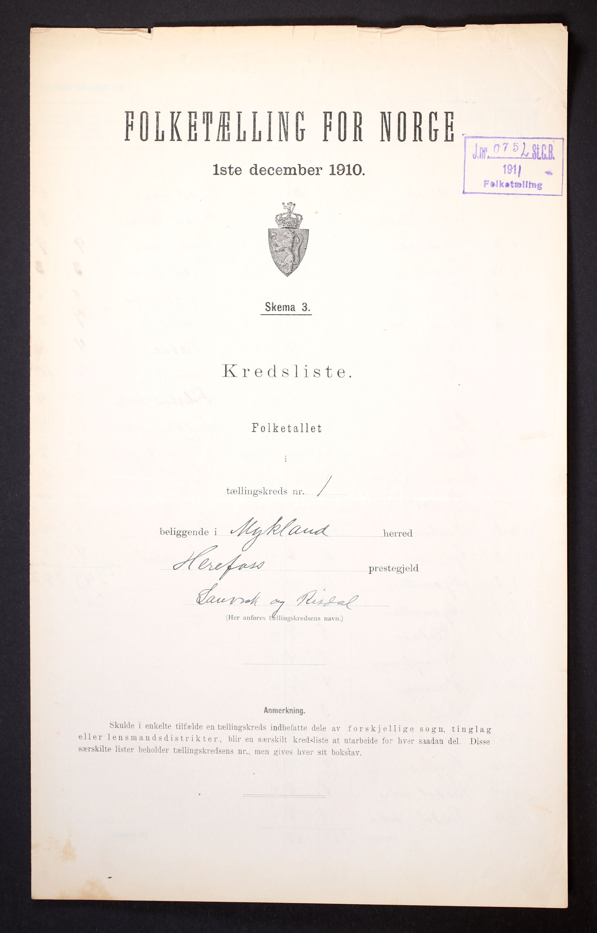 RA, 1910 census for Mykland, 1910, p. 4