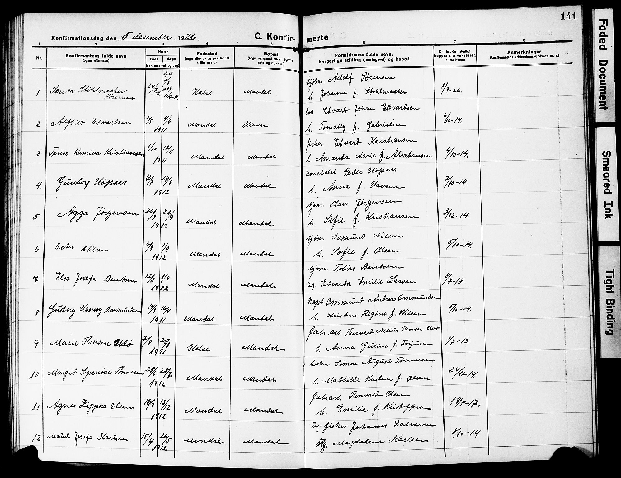 Mandal sokneprestkontor, AV/SAK-1111-0030/F/Fb/Fbc/L0001: Parish register (copy) no. B 1, 1918-1931, p. 141