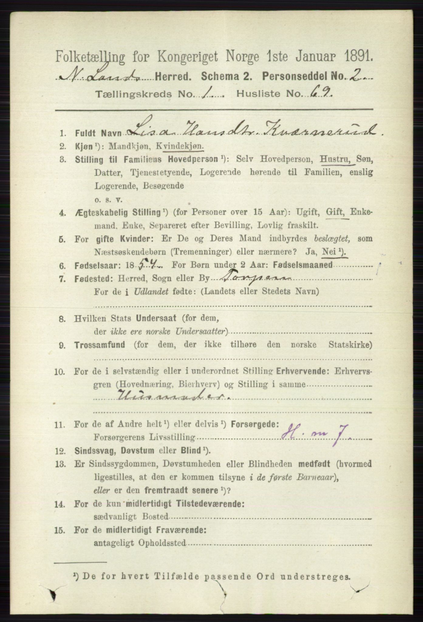 RA, 1891 census for 0538 Nordre Land, 1891, p. 524