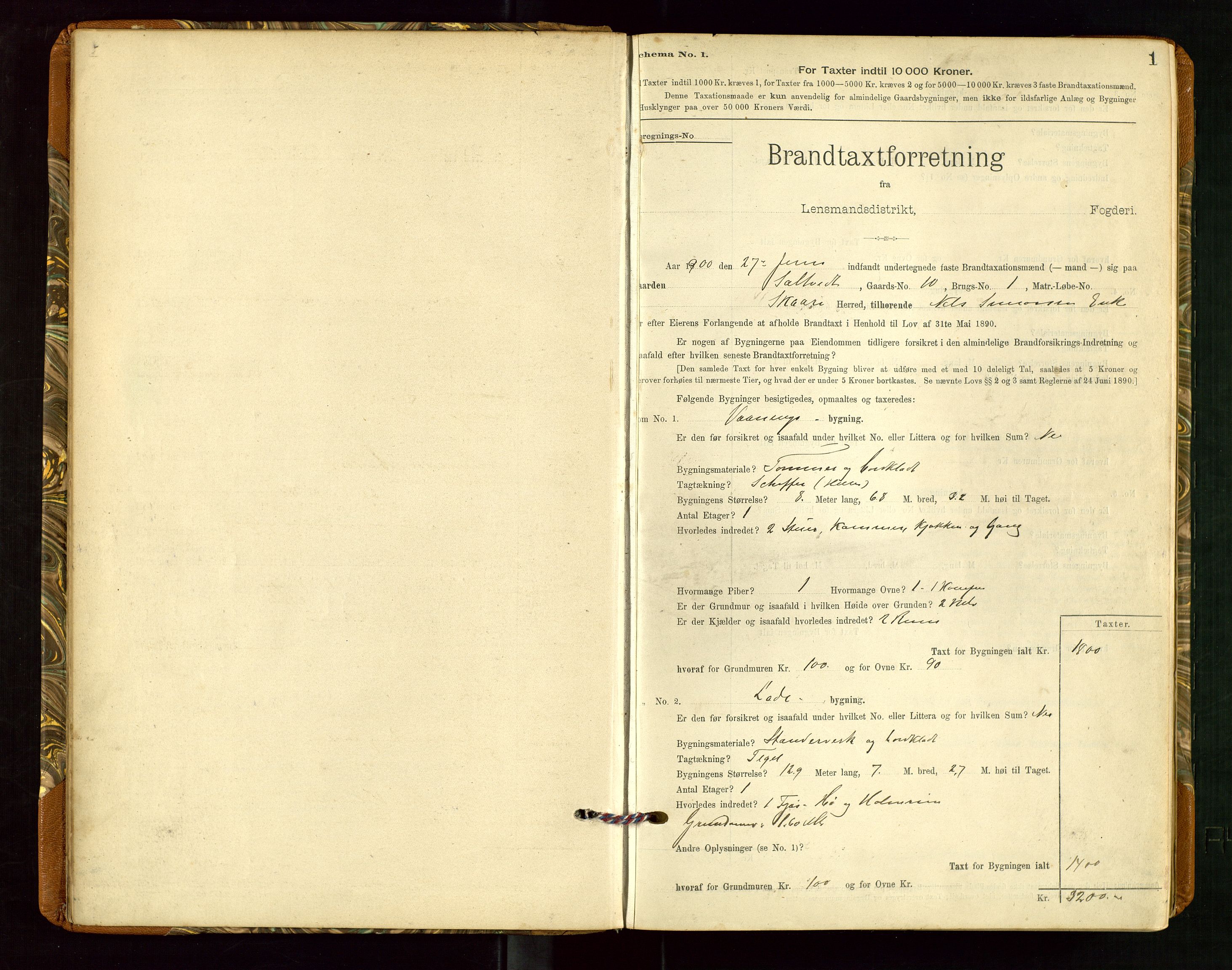 Torvestad lensmannskontor, SAST/A-100307/1/Gob/L0002: "Brandtakstprotokol for Lensmanden i Torvestad", 1900-1905, p. 1