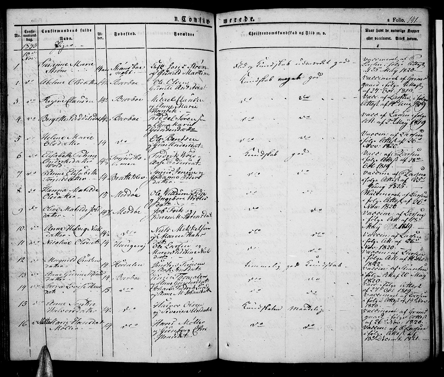 Tromøy sokneprestkontor, SAK/1111-0041/F/Fa/L0003: Parish register (official) no. A 3, 1825-1837, p. 141