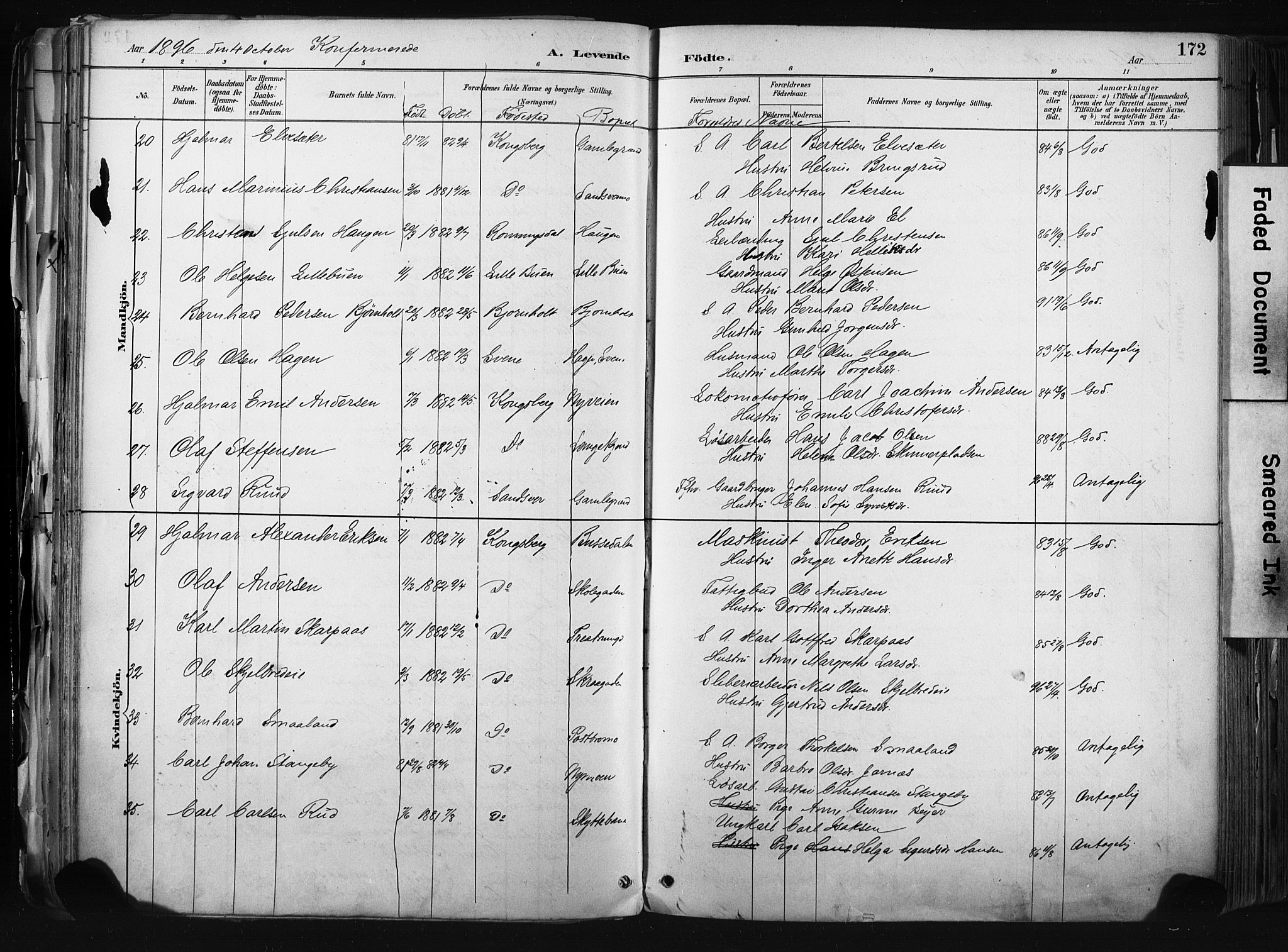 Kongsberg kirkebøker, AV/SAKO-A-22/F/Fb/L0002: Parish register (official) no. II 2, 1886-1896, p. 172