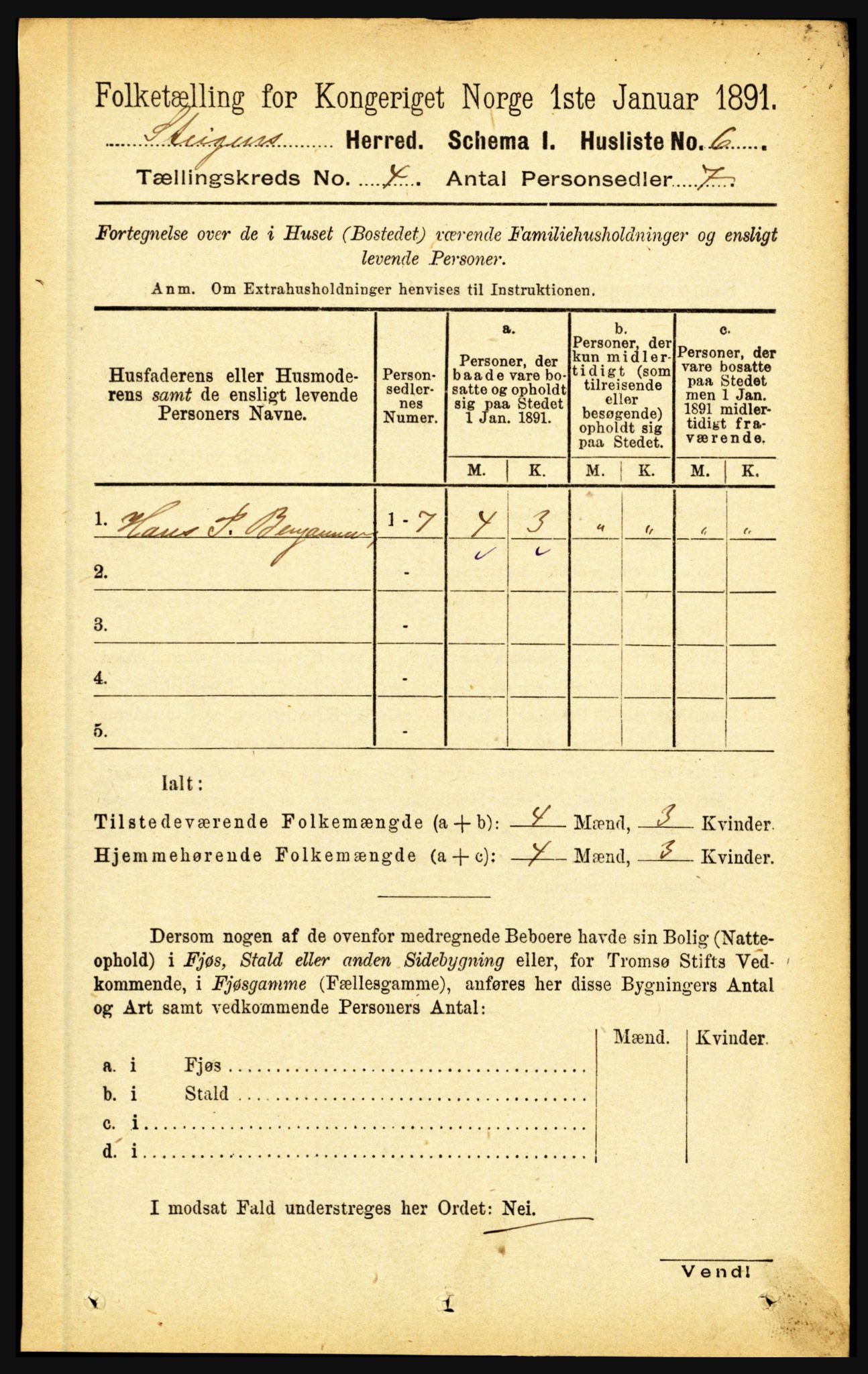 RA, 1891 census for 1848 Steigen, 1891, p. 1398