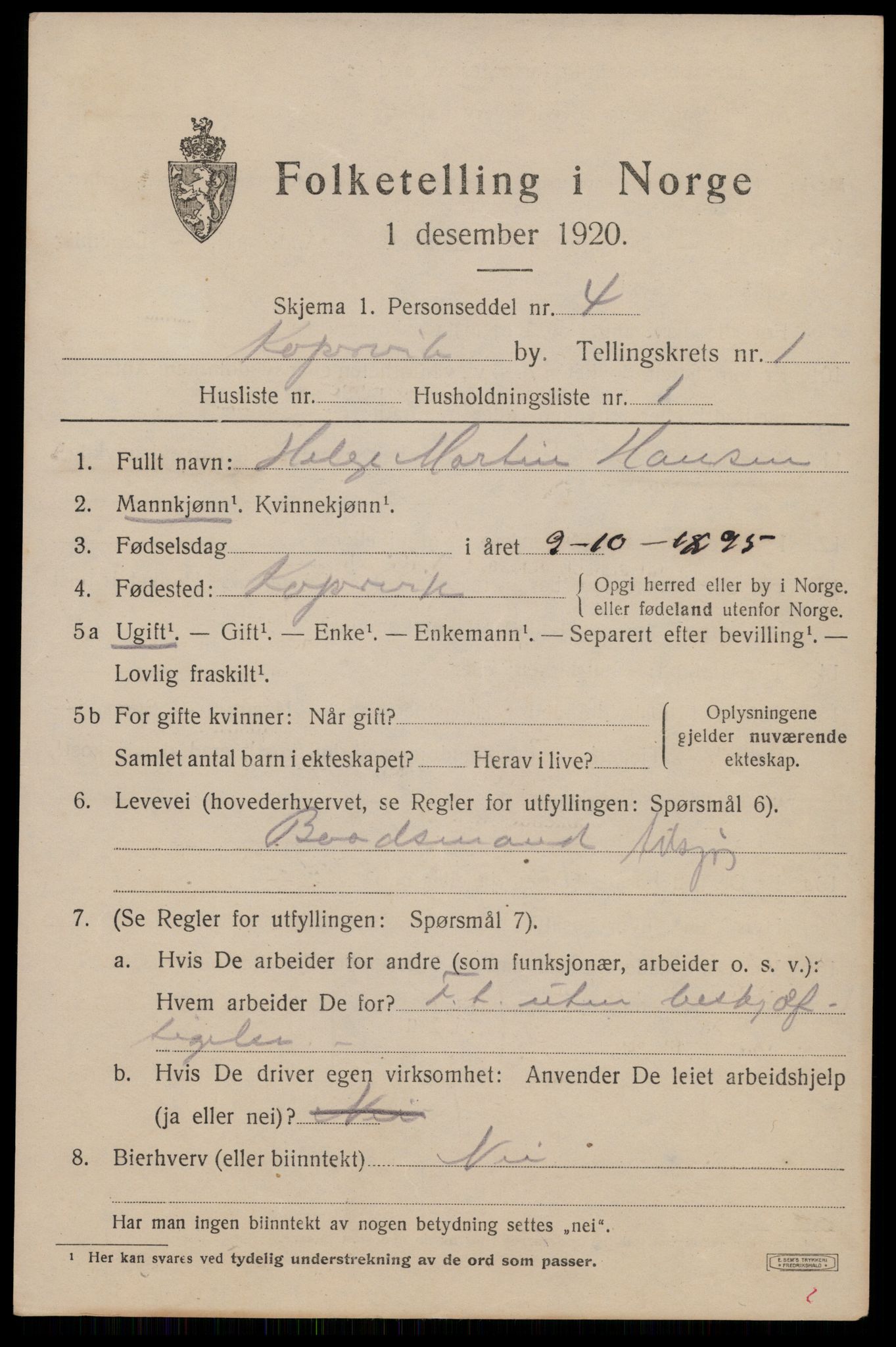 SAST, 1920 census for Kopervik, 1920, p. 2664