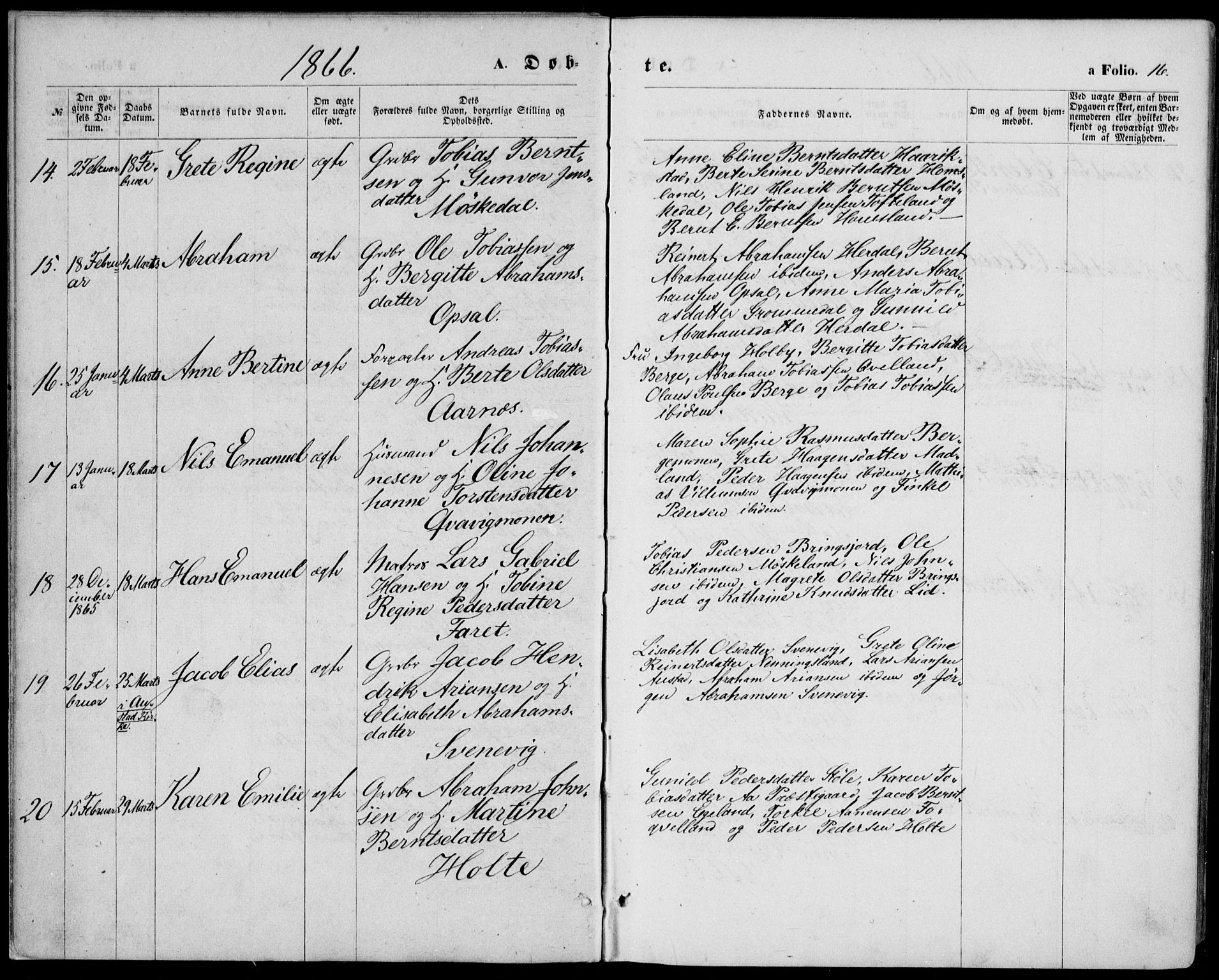 Lyngdal sokneprestkontor, AV/SAK-1111-0029/F/Fa/Fac/L0010: Parish register (official) no. A 10, 1865-1878, p. 16