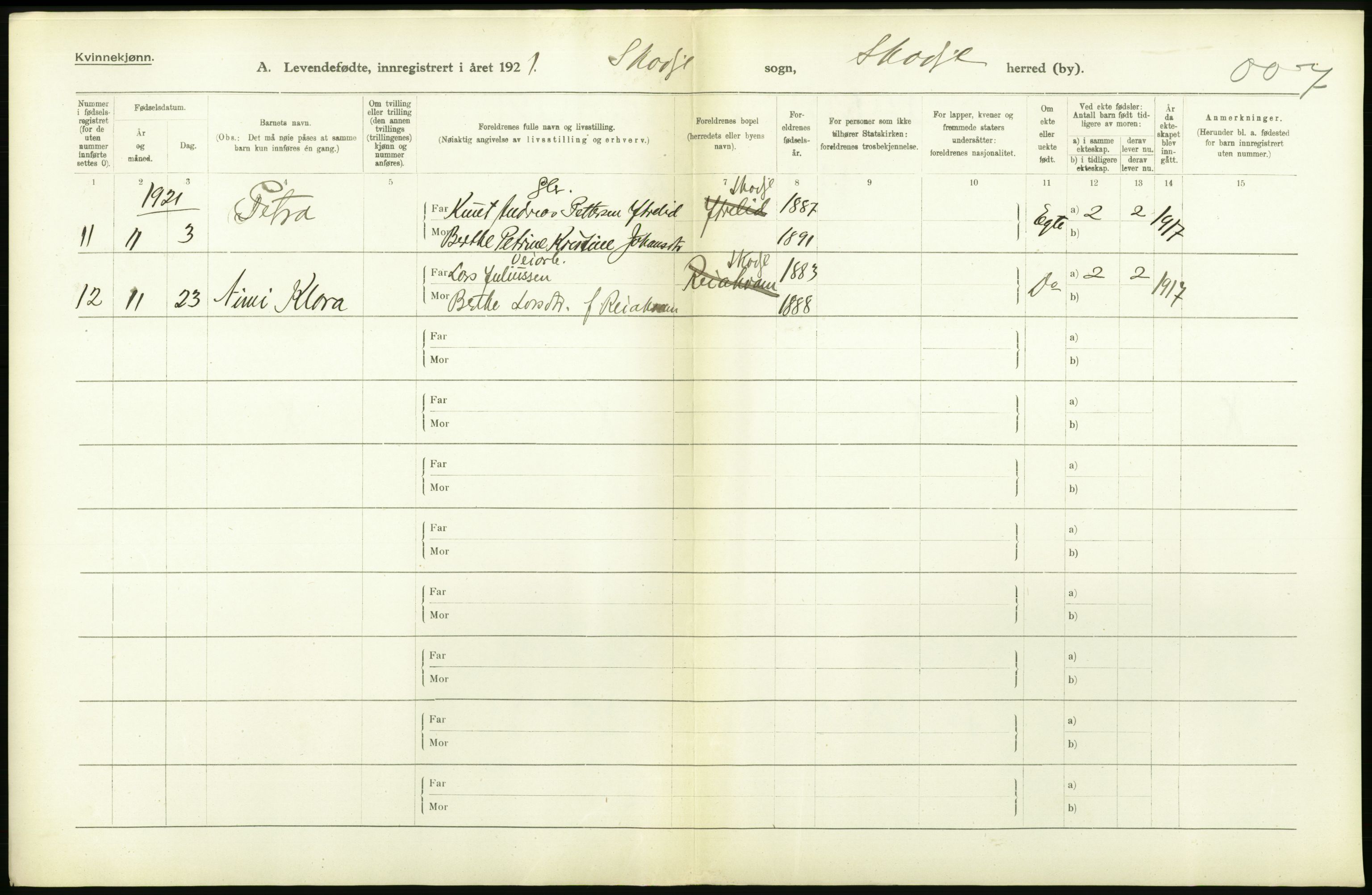 Statistisk sentralbyrå, Sosiodemografiske emner, Befolkning, RA/S-2228/D/Df/Dfc/Dfca/L0040: Møre fylke: Levendefødte menn og kvinner. Bygder., 1921, p. 282