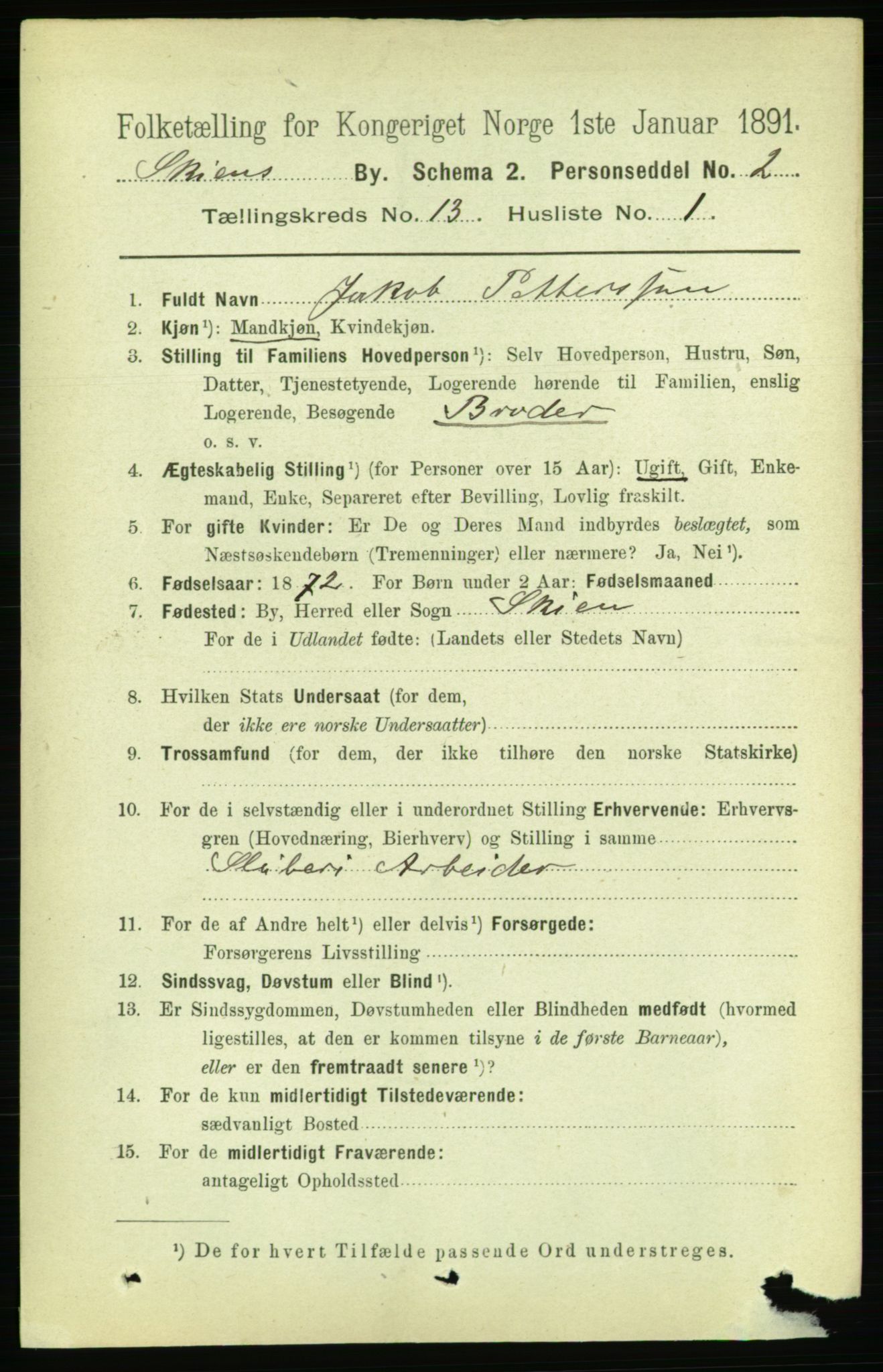 RA, 1891 census for 0806 Skien, 1891, p. 4085