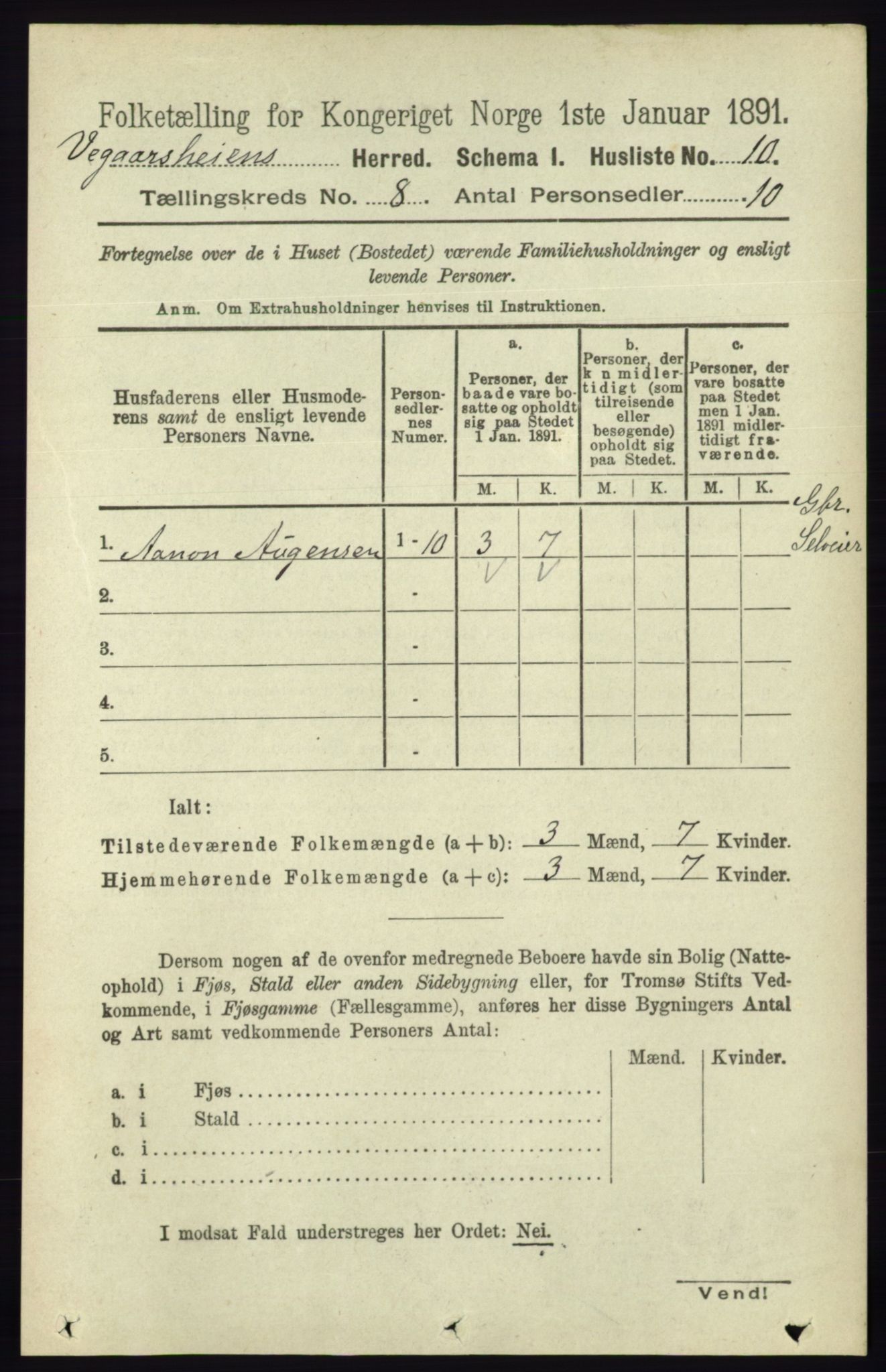 RA, 1891 census for 0912 Vegårshei, 1891, p. 1506