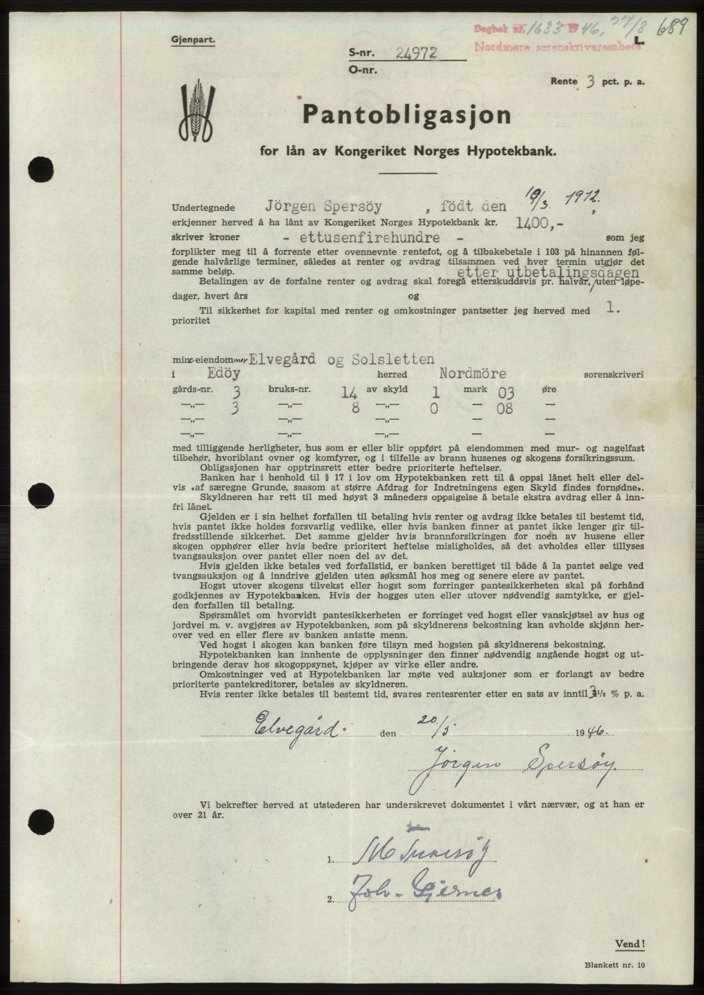 Nordmøre sorenskriveri, AV/SAT-A-4132/1/2/2Ca: Mortgage book no. B94, 1946-1946, Diary no: : 1633/1946