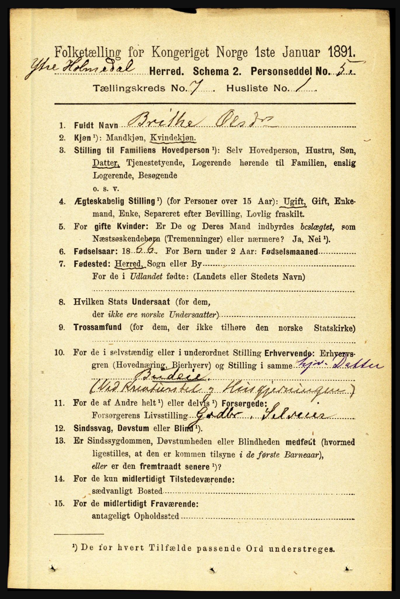 RA, 1891 census for 1429 Ytre Holmedal, 1891, p. 1595