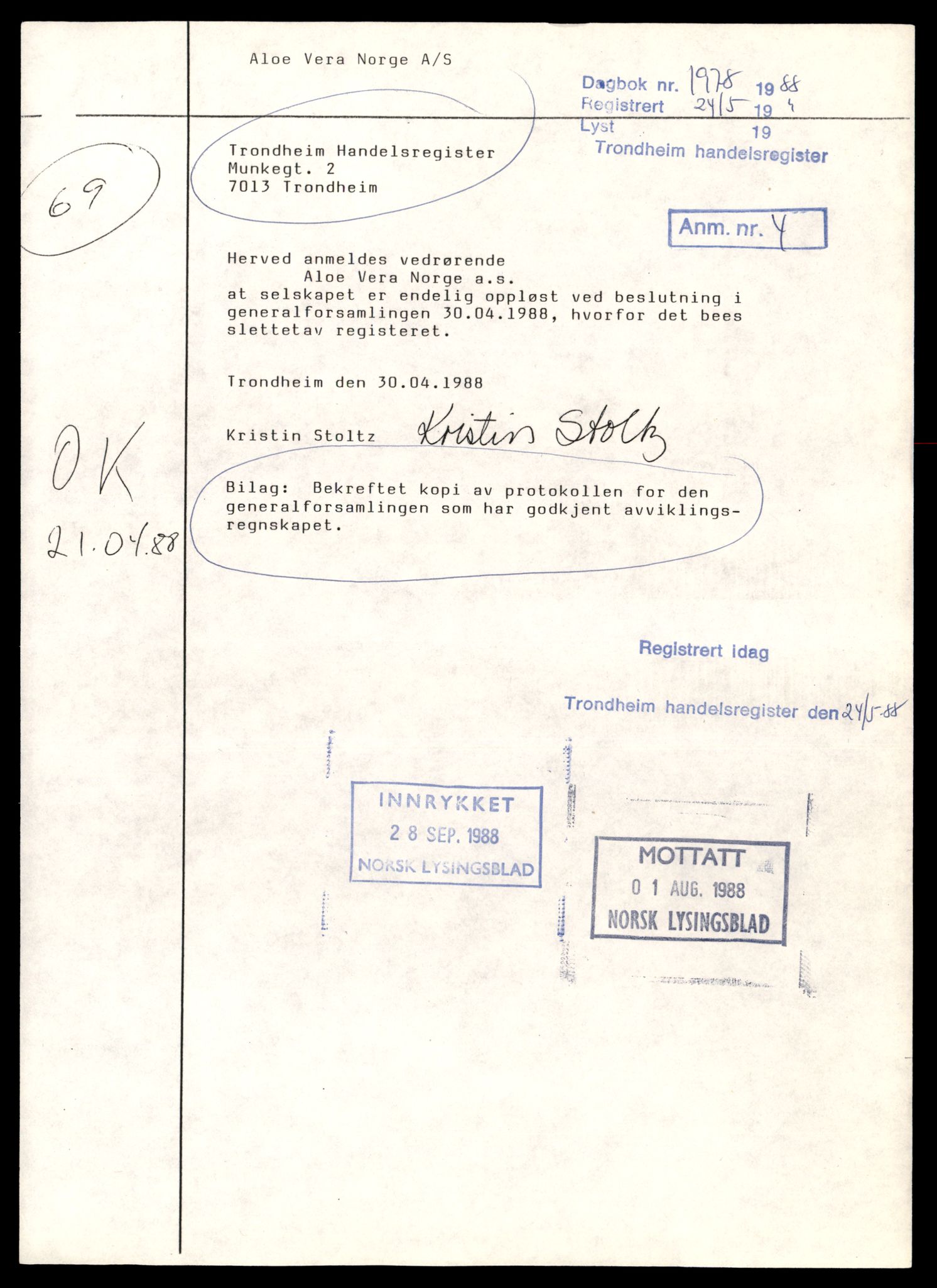 Trondheim byfogd, AV/SAT-A-0003/2/J/Jd/Jdb/L0106: Aksjeselskap, andelslag og borettslag, A-H, 1988, p. 1