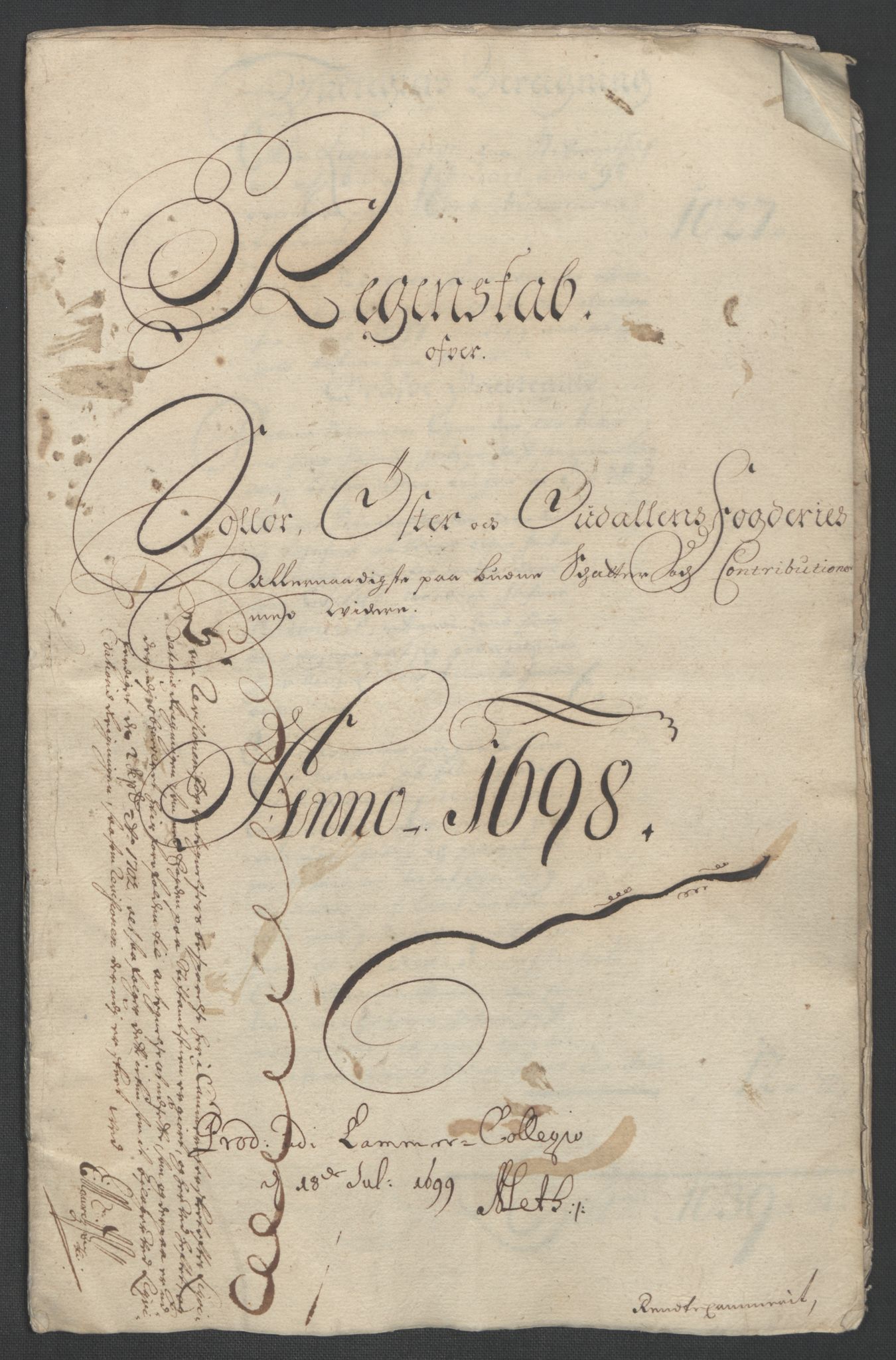 Rentekammeret inntil 1814, Reviderte regnskaper, Fogderegnskap, AV/RA-EA-4092/R13/L0836: Fogderegnskap Solør, Odal og Østerdal, 1698, p. 3