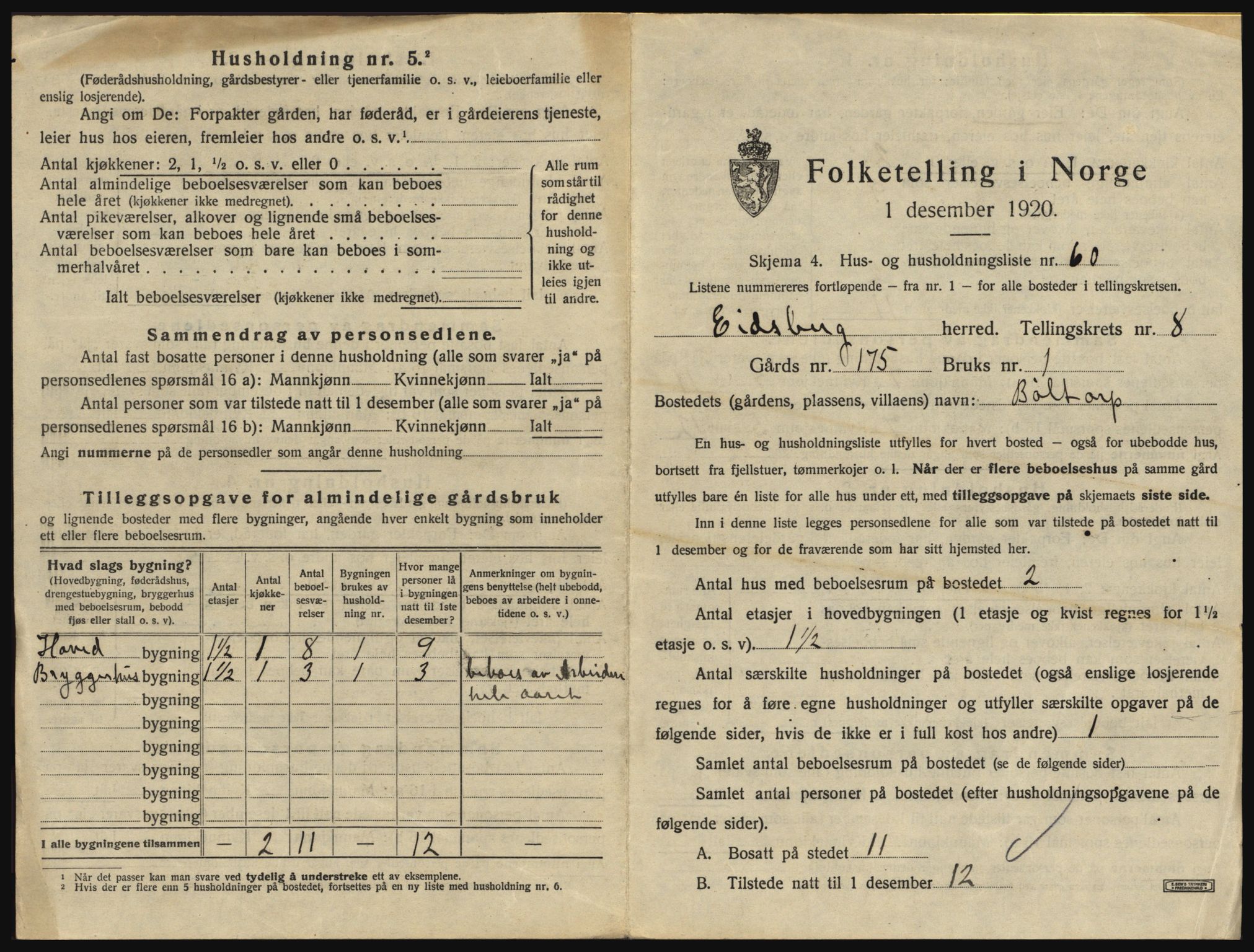 SAO, 1920 census for Eidsberg, 1920, p. 1495