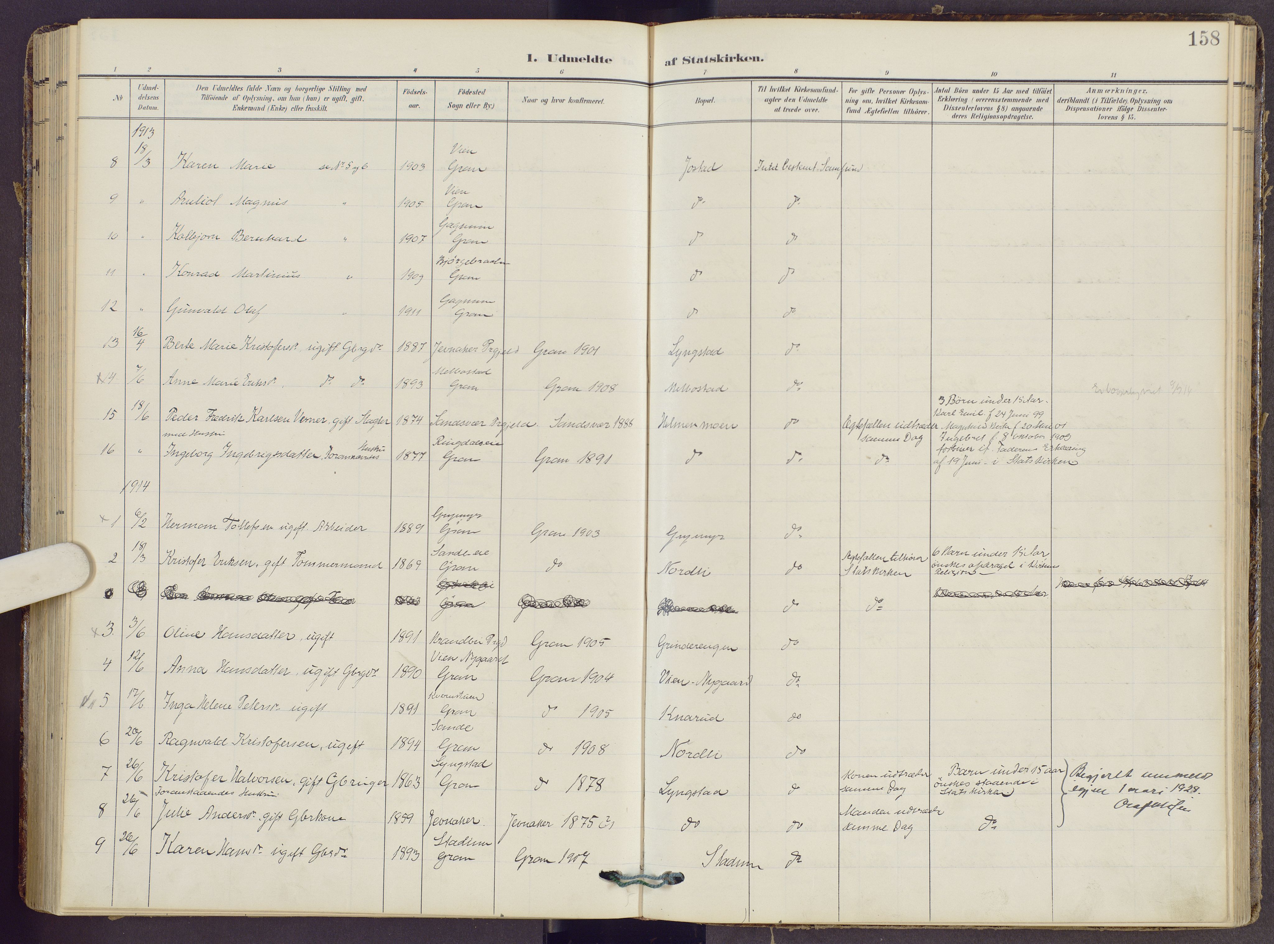 Gran prestekontor, SAH/PREST-112/H/Ha/Haa/L0022: Parish register (official) no. 22, 1908-1918, p. 158