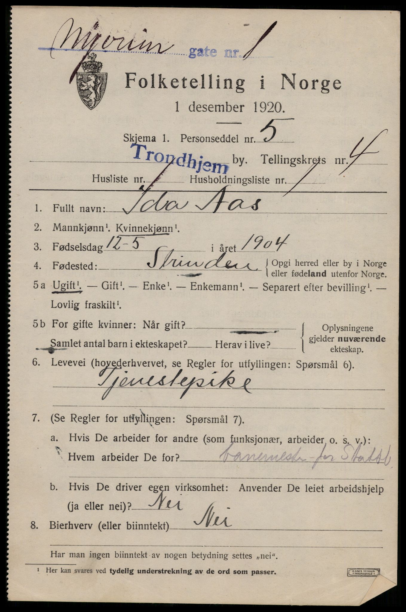 SAT, 1920 census for Trondheim, 1920, p. 36894