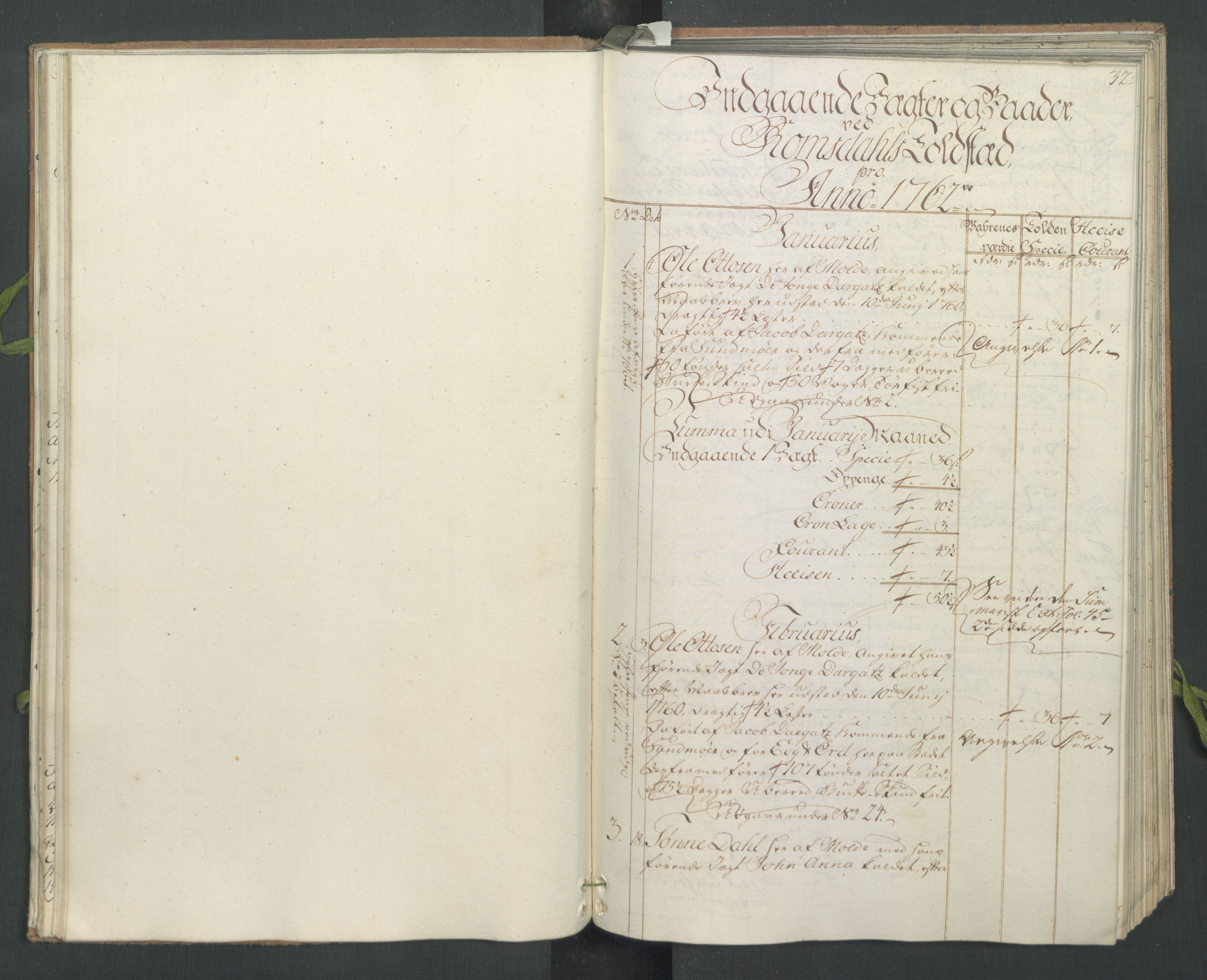 Generaltollkammeret, tollregnskaper, AV/RA-EA-5490/R31/L0023/0001: Tollregnskaper Molde / Hovedtollbok, 1762, p. 31b-32a