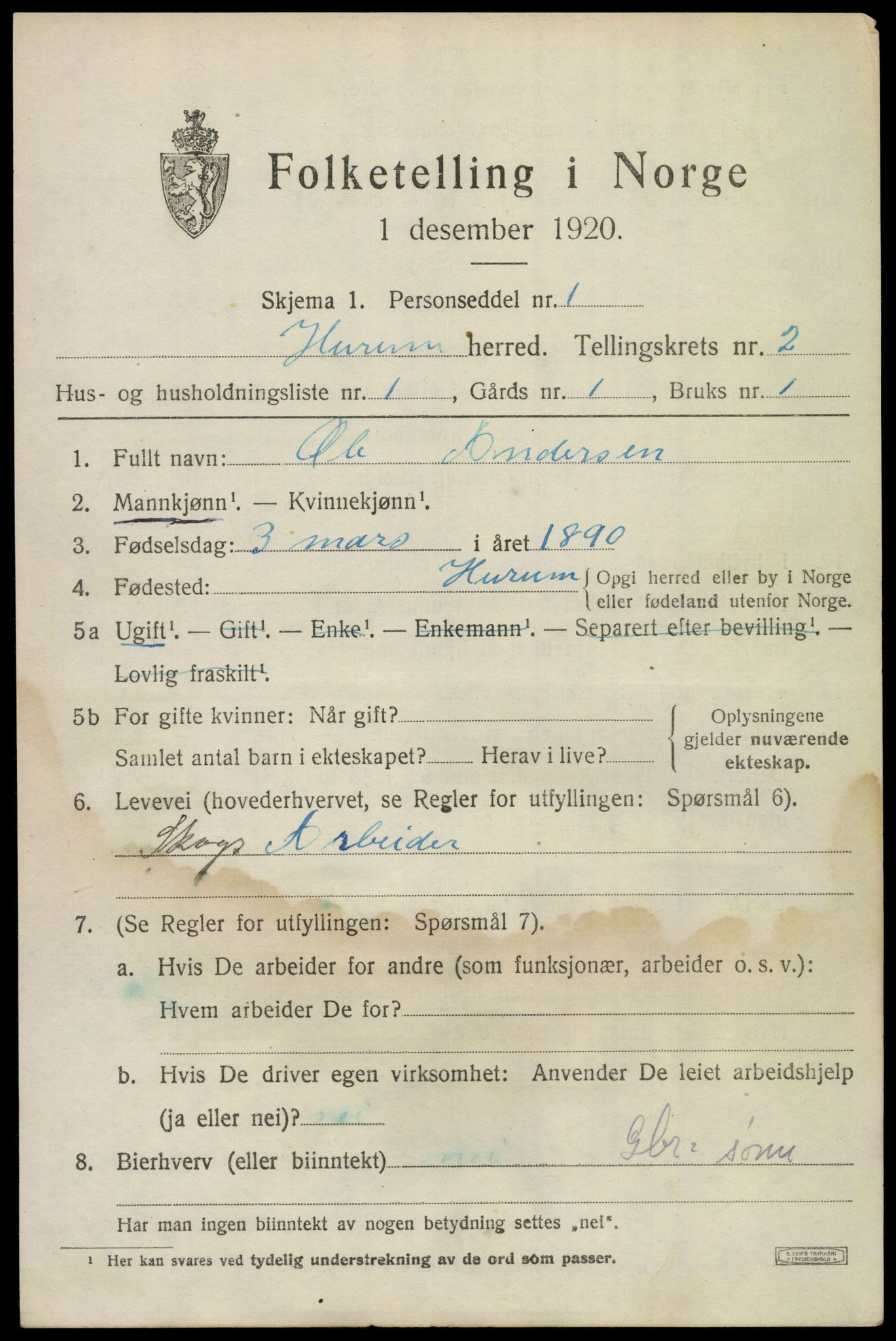 SAKO, 1920 census for Hurum, 1920, p. 3752