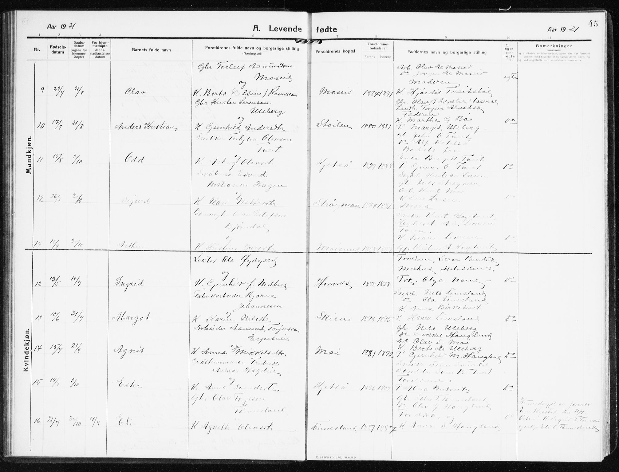 Evje sokneprestkontor, AV/SAK-1111-0008/F/Fb/Fbb/L0003: Parish register (copy) no. B 3, 1910-1933, p. 45