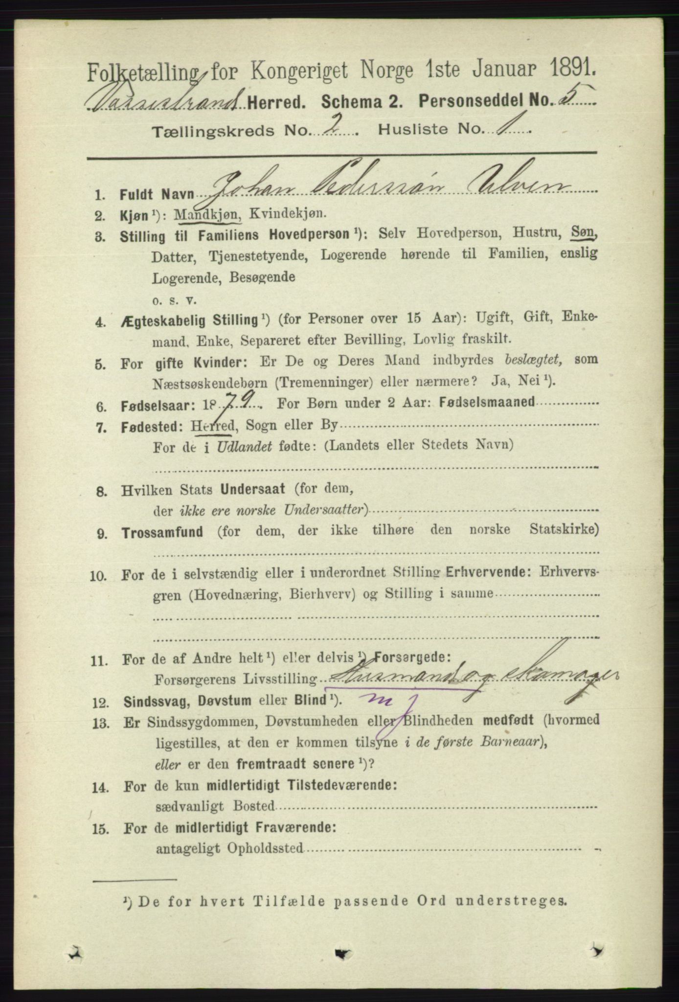 RA, 1891 census for 1236 Vossestrand, 1891, p. 723