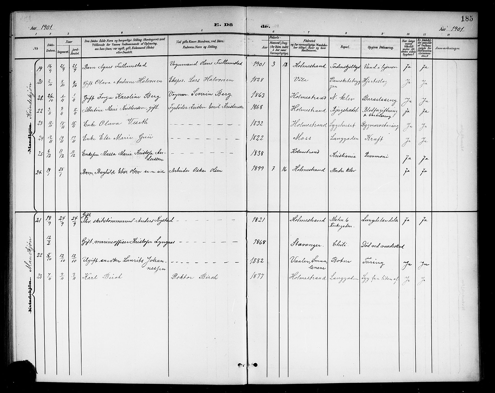 Holmestrand kirkebøker, AV/SAKO-A-346/G/Ga/L0006: Parish register (copy) no. 6, 1901-1923, p. 185