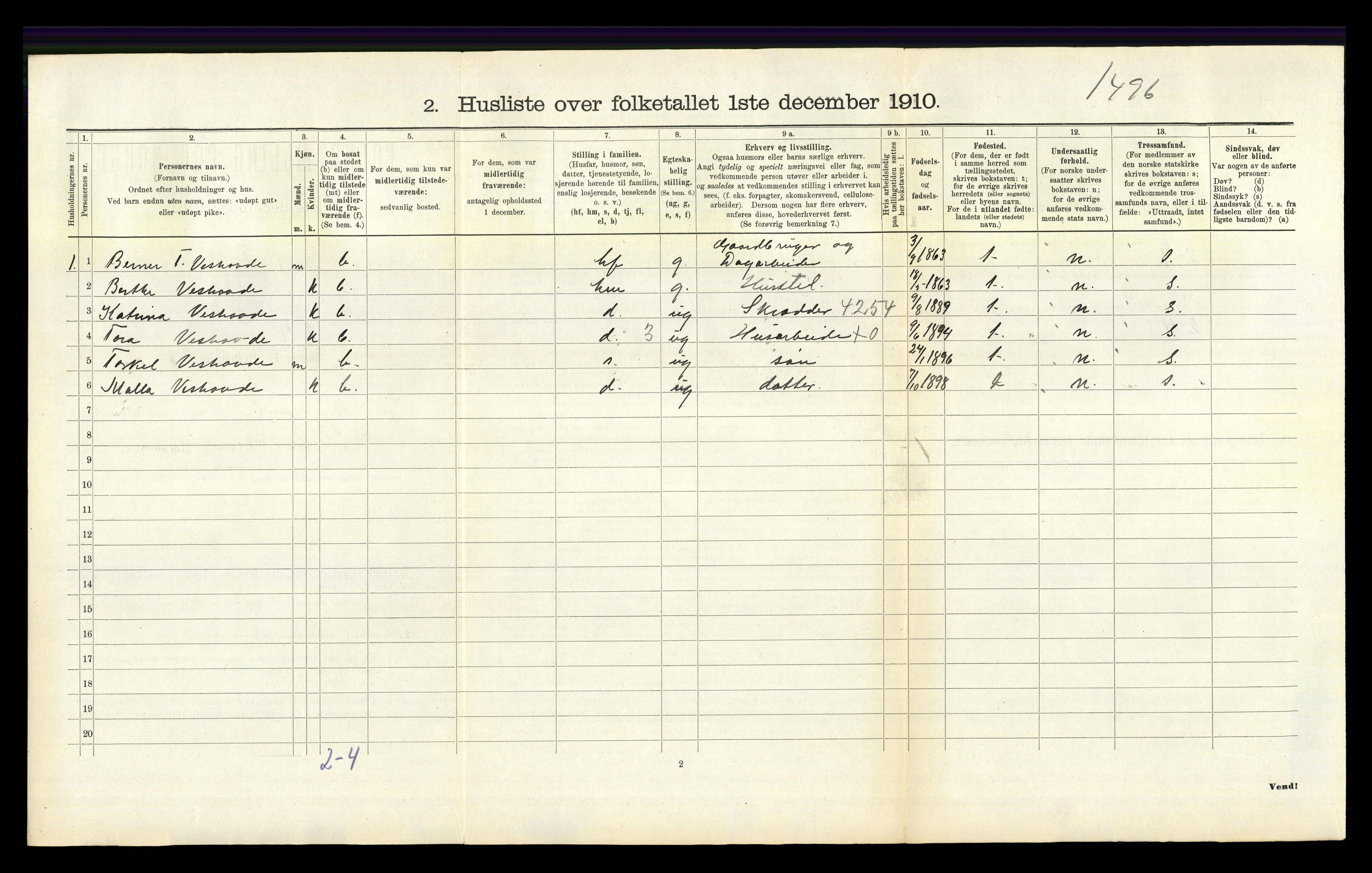 RA, 1910 census for Eigersund, 1910, p. 499