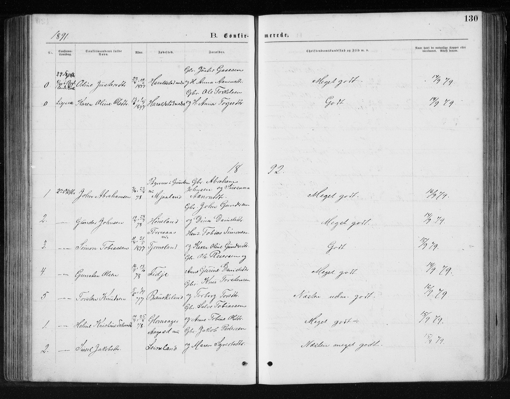 Holum sokneprestkontor, SAK/1111-0022/F/Fb/Fbb/L0003: Parish register (copy) no. B 3, 1875-1898, p. 130