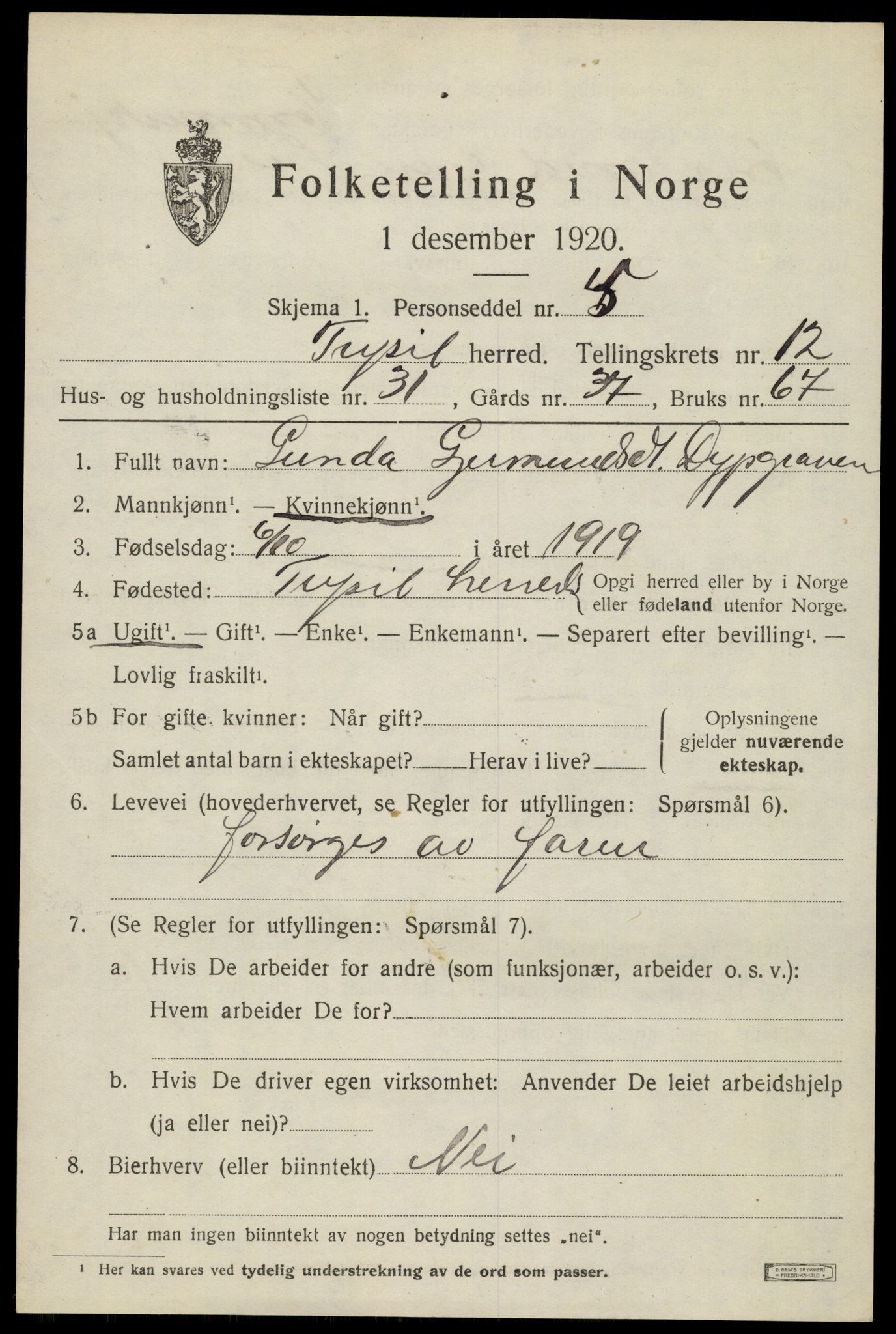 SAH, 1920 census for Trysil, 1920, p. 7555