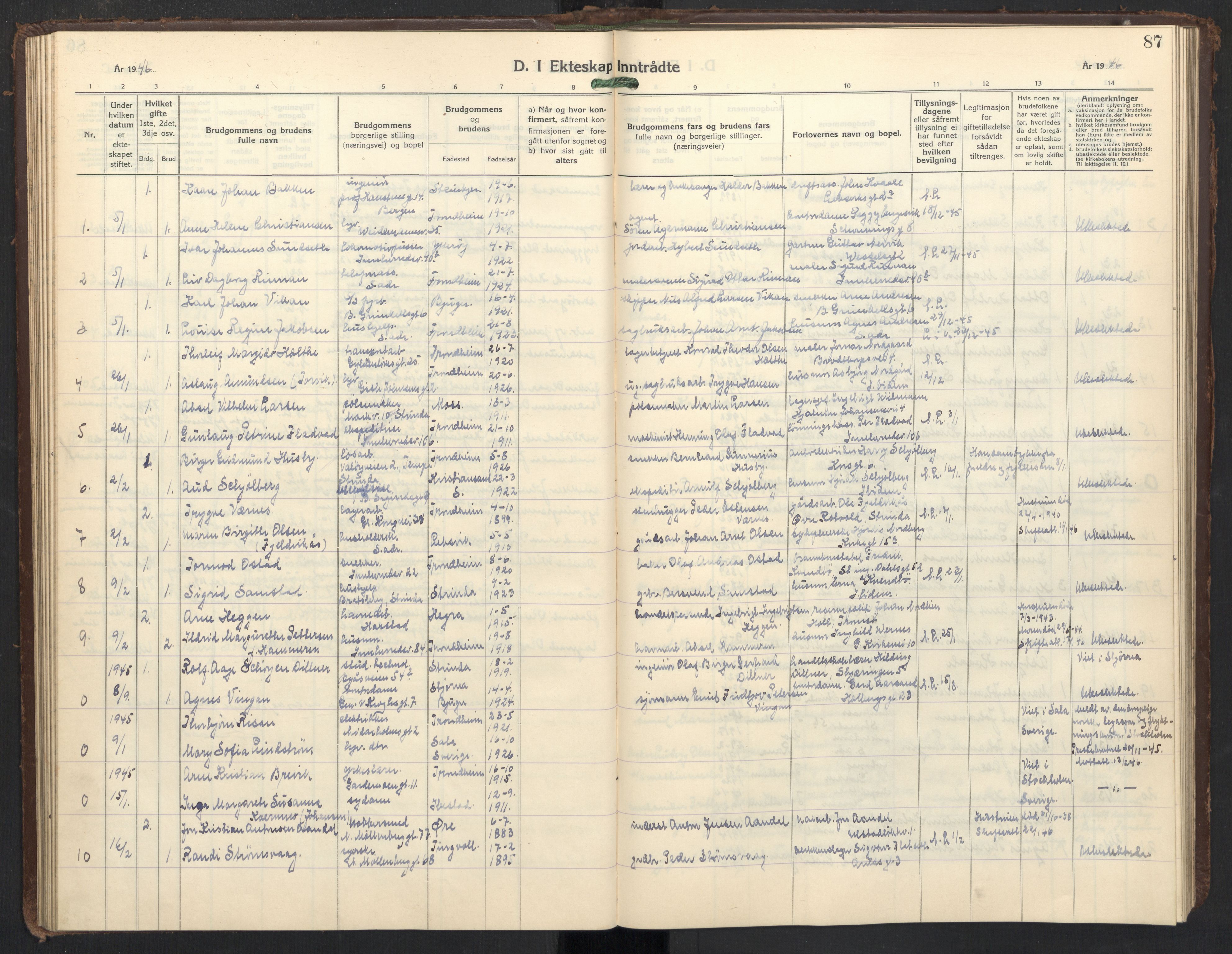 Ministerialprotokoller, klokkerbøker og fødselsregistre - Sør-Trøndelag, SAT/A-1456/605/L0263: Parish register (copy) no. 605C10, 1938-1949, p. 87