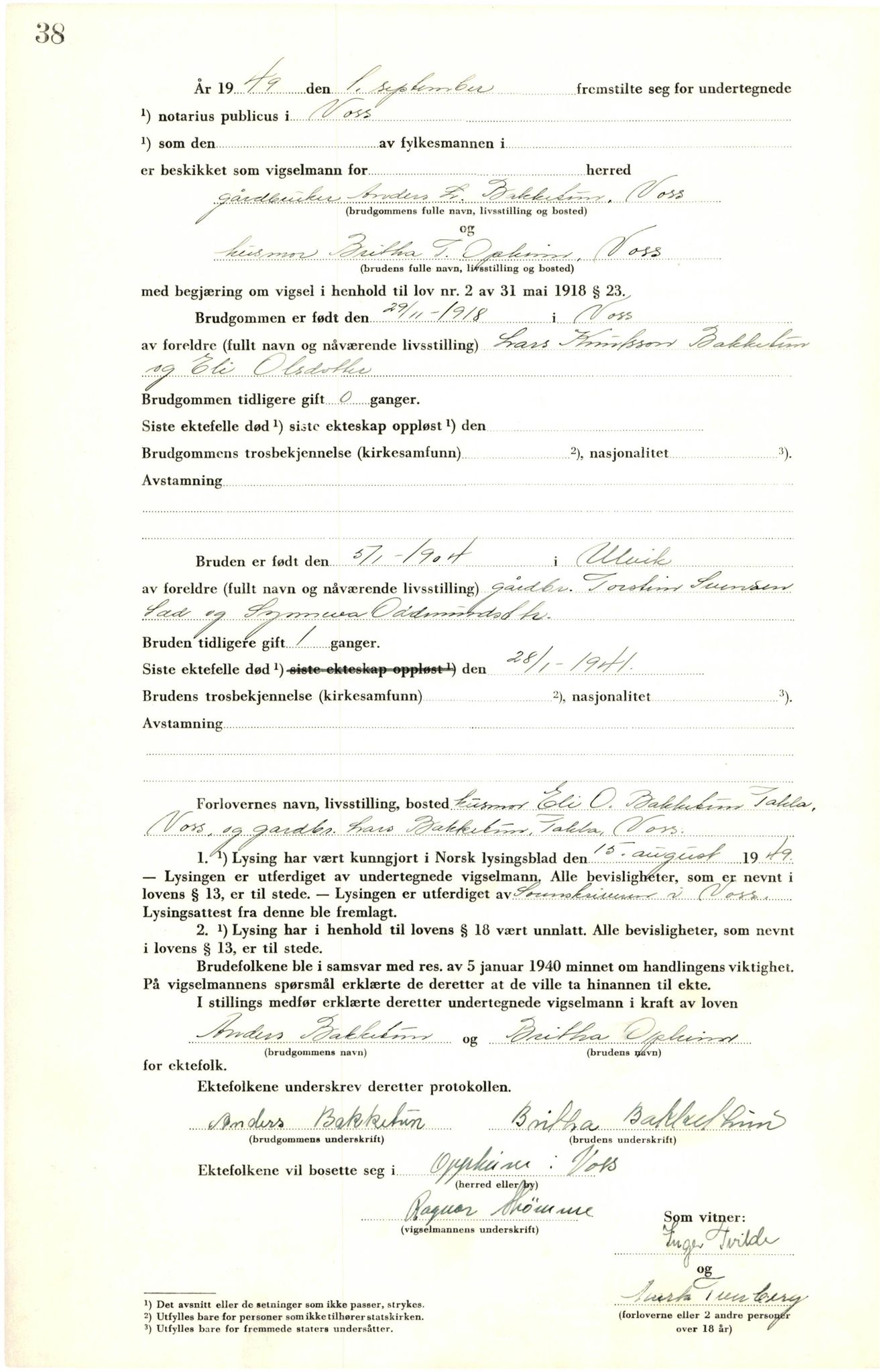 Voss sorenskrivar, AV/SAB-A-2701/M/Maa/L0003: Vigselbok, 1945-1969, p. 38