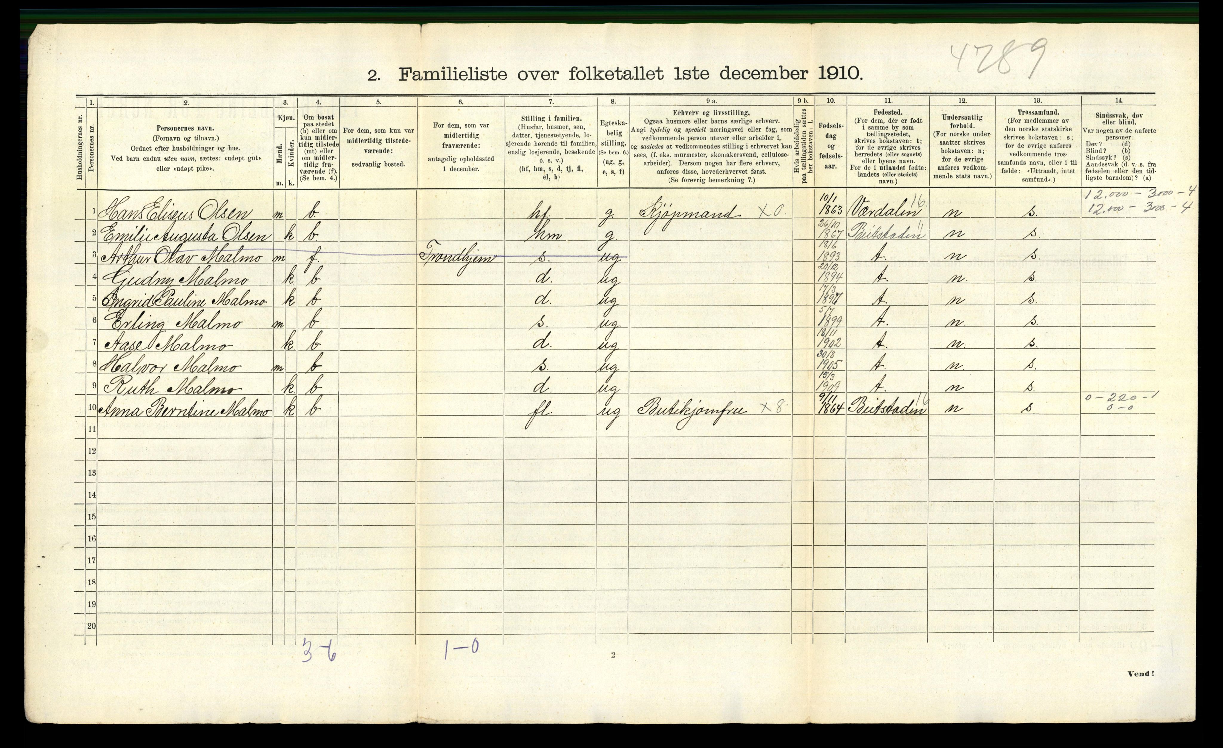 RA, 1910 census for Steinkjer, 1910, p. 293