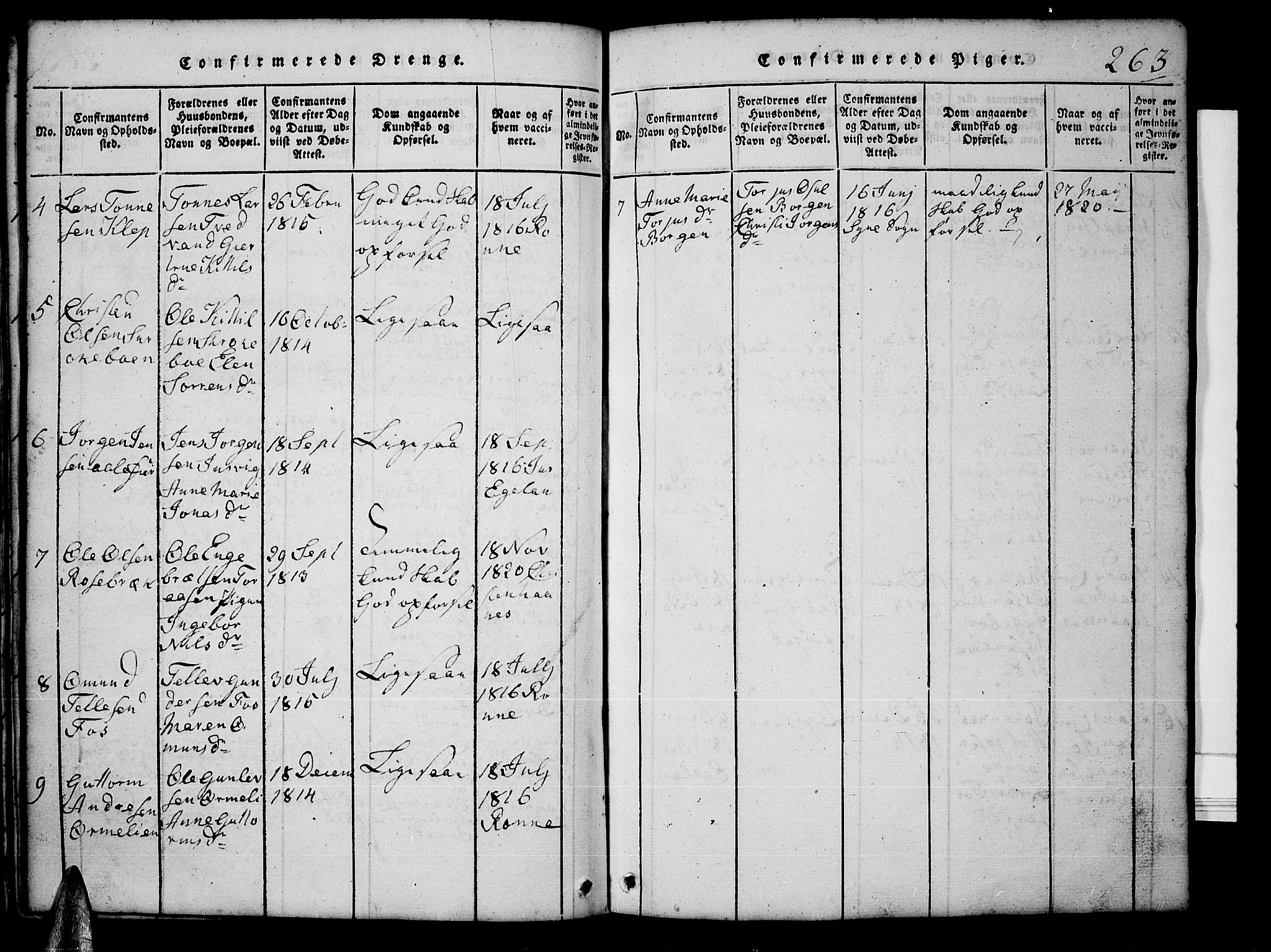 Tveit sokneprestkontor, AV/SAK-1111-0043/F/Fb/L0001: Parish register (copy) no. B 1, 1820-1834, p. 263