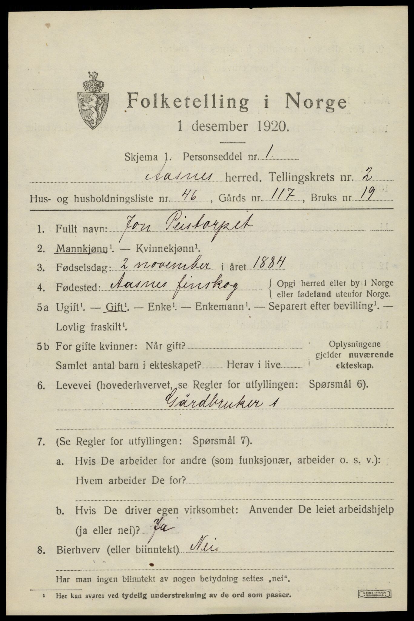 SAH, 1920 census for Åsnes, 1920, p. 3380