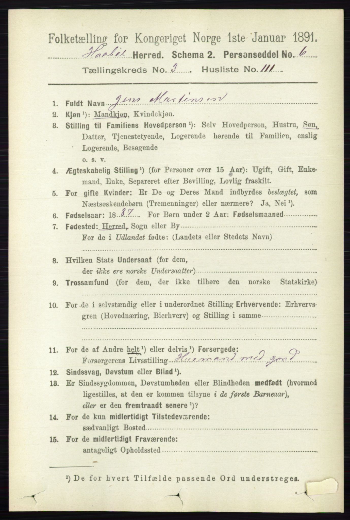 RA, 1891 census for 0138 Hobøl, 1891, p. 2291