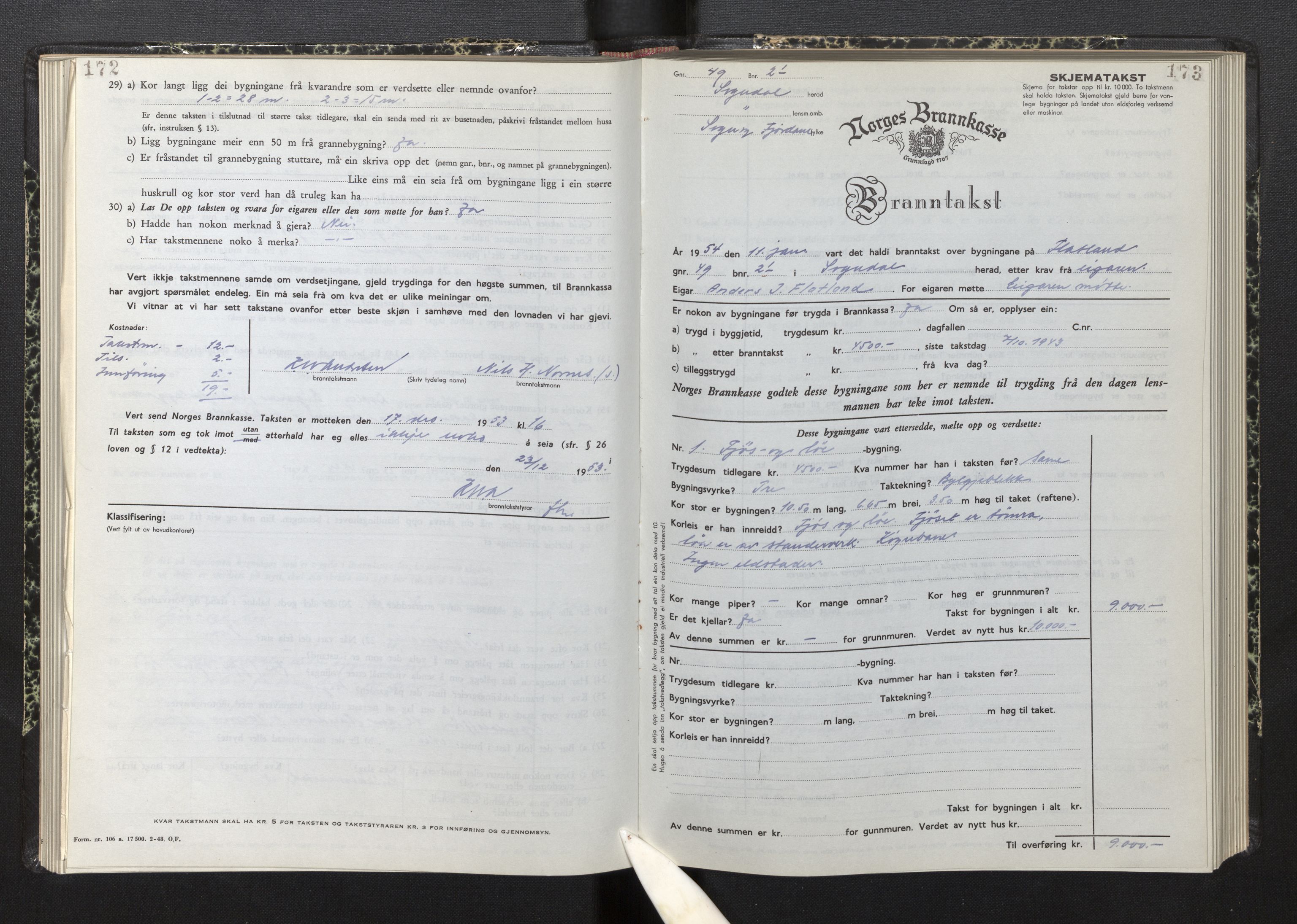 Lensmannen i Sogndal, AV/SAB-A-29901/0012/L0015: Branntakstprotokoll, skjematakst, 1950-1955, p. 172-173