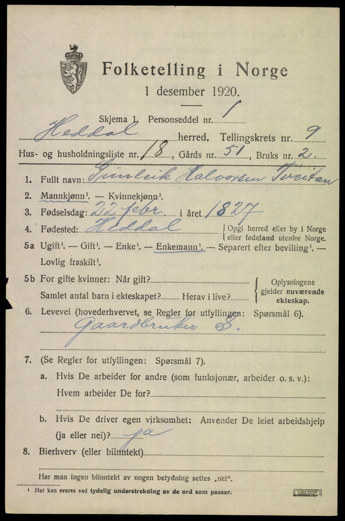 SAKO, 1920 census for Heddal, 1920, p. 6784