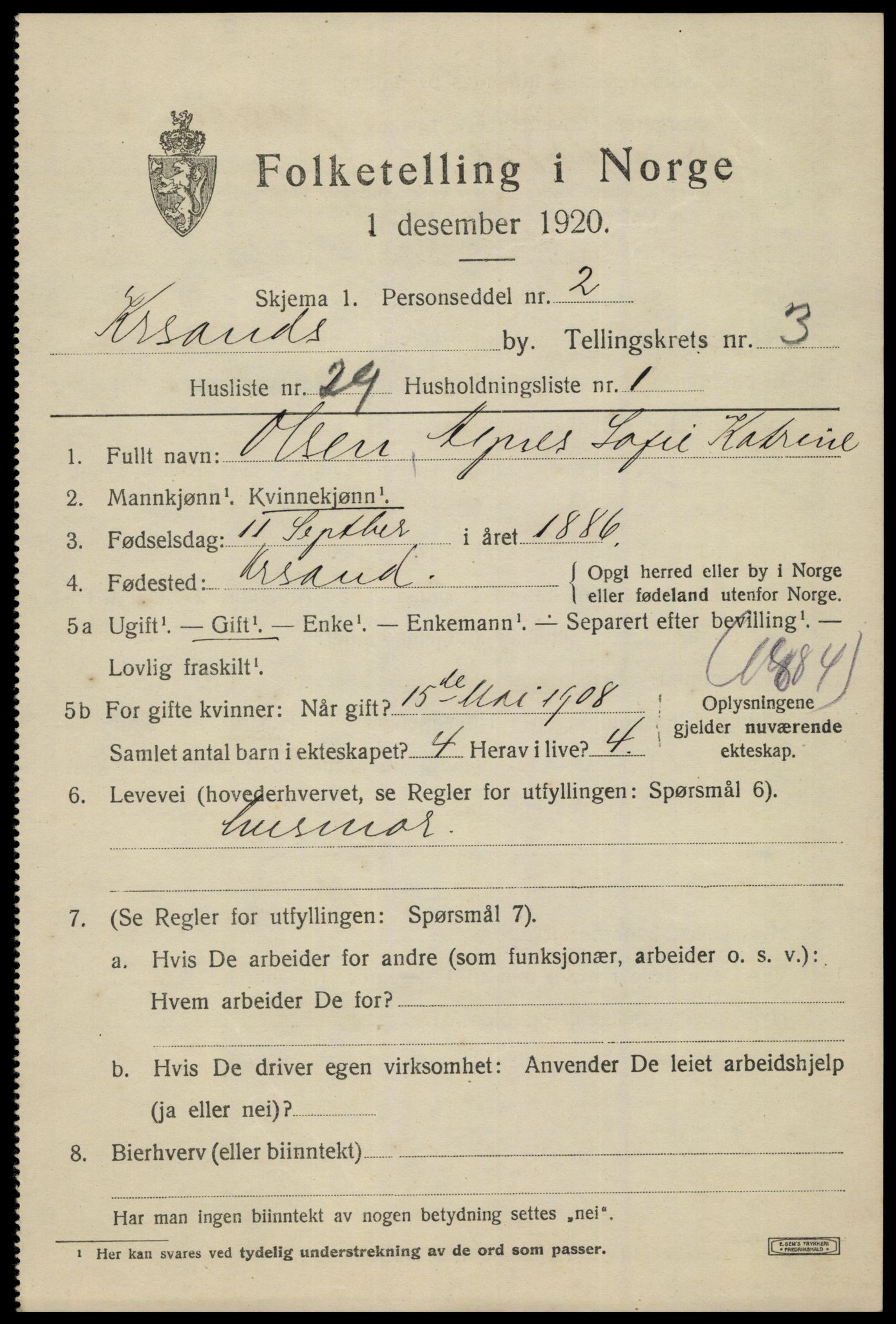 SAK, 1920 census for Kristiansand, 1920, p. 14377