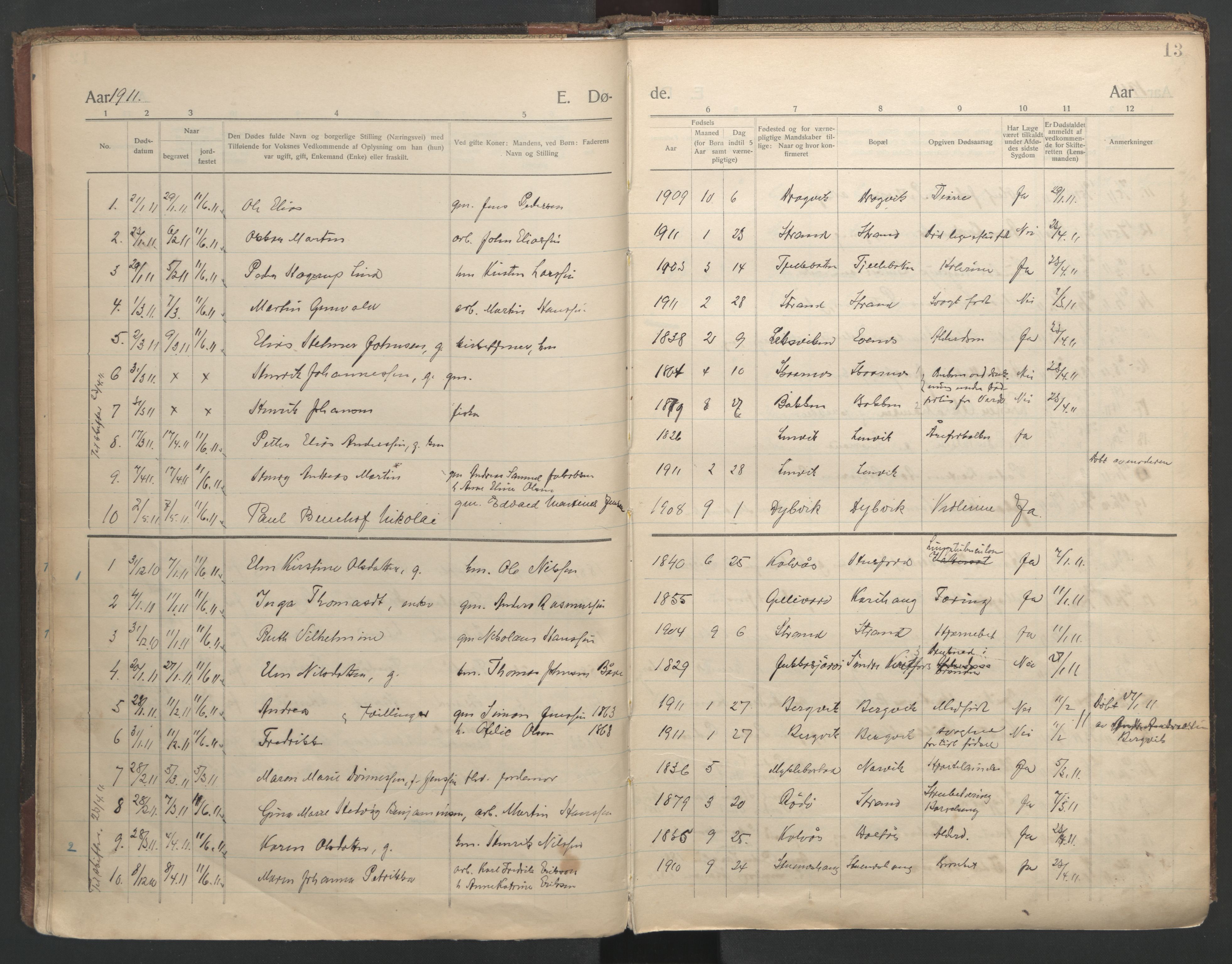 Ministerialprotokoller, klokkerbøker og fødselsregistre - Nordland, AV/SAT-A-1459/863/L0903: Parish register (official) no. 863A15, 1907-1937, p. 13