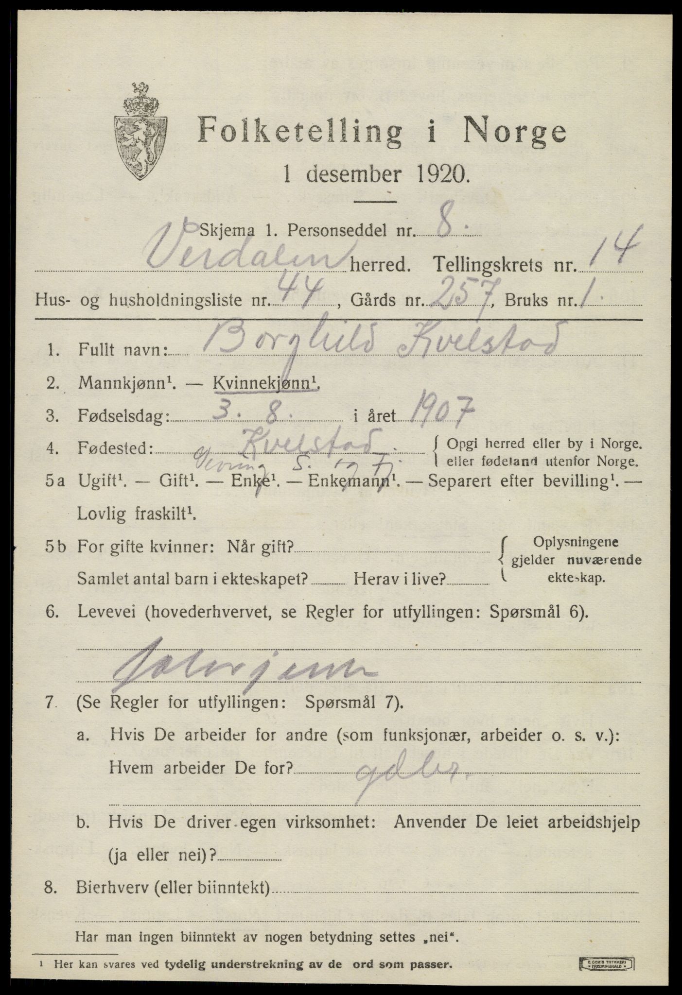 SAT, 1920 census for Verdal, 1920, p. 14201