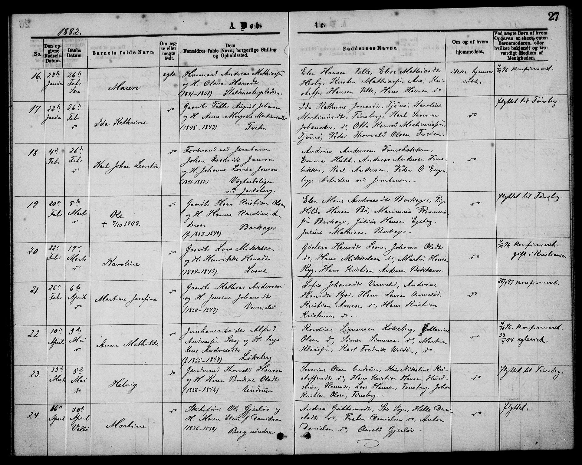 Sem kirkebøker, AV/SAKO-A-5/G/Ga/L0005: Parish register (copy) no. I 5, 1877-1889, p. 27