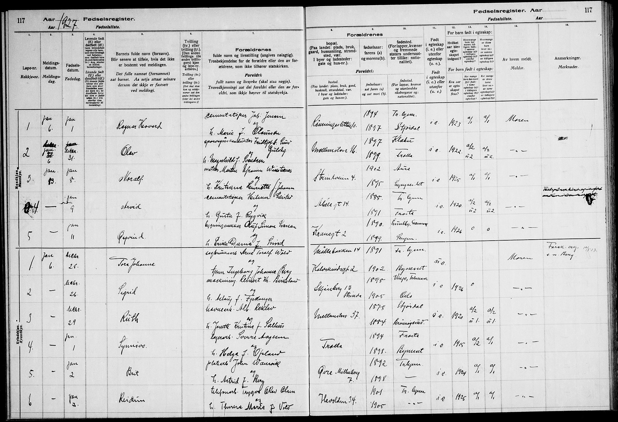 Ministerialprotokoller, klokkerbøker og fødselsregistre - Sør-Trøndelag, AV/SAT-A-1456/600/L0004: Birth register no. 600.II.4.3, 1924-1928, p. 117