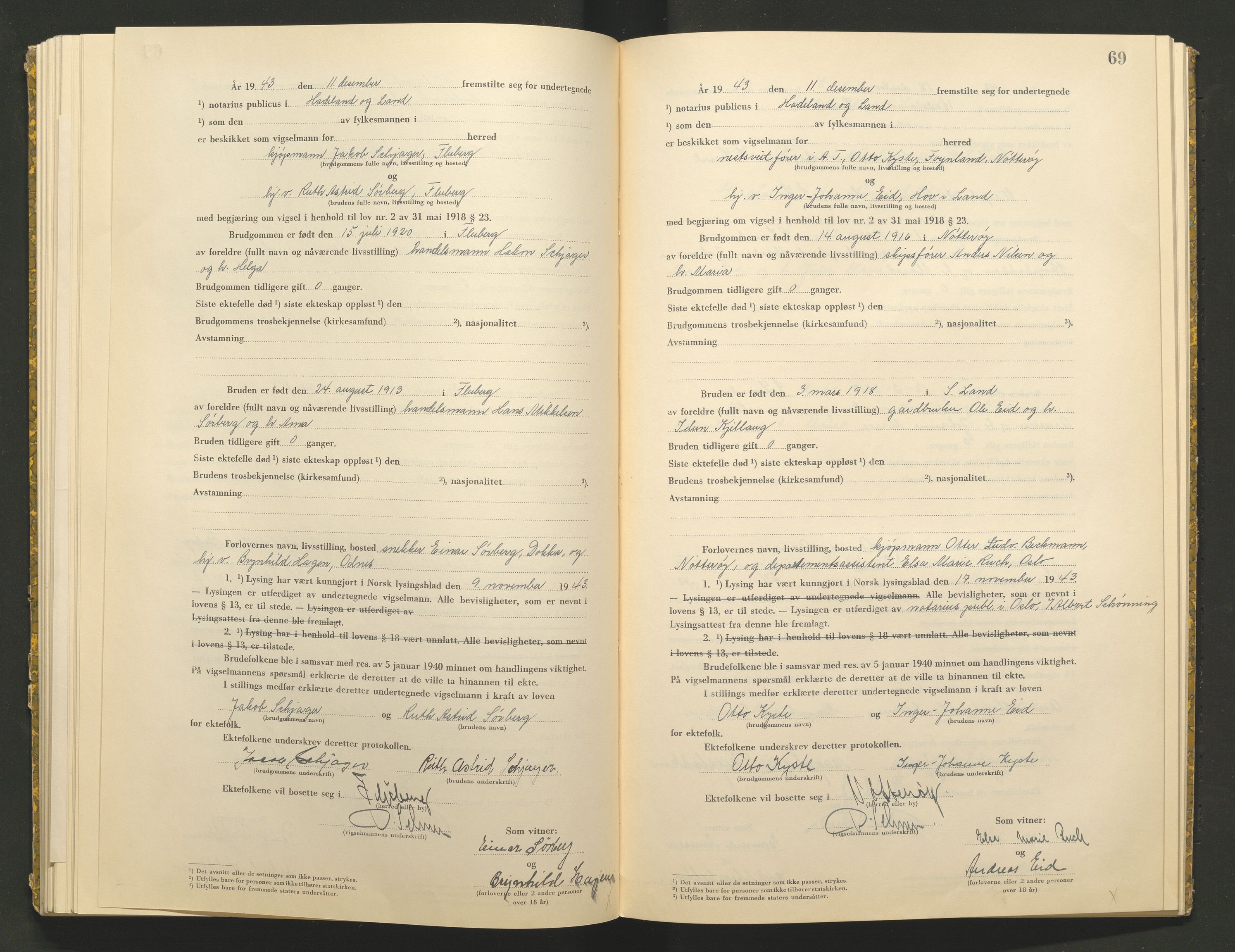 Hadeland og Land tingrett, AV/SAH-TING-010/L/Lb/L0002: Vigselbok, 1943-1944, p. 69