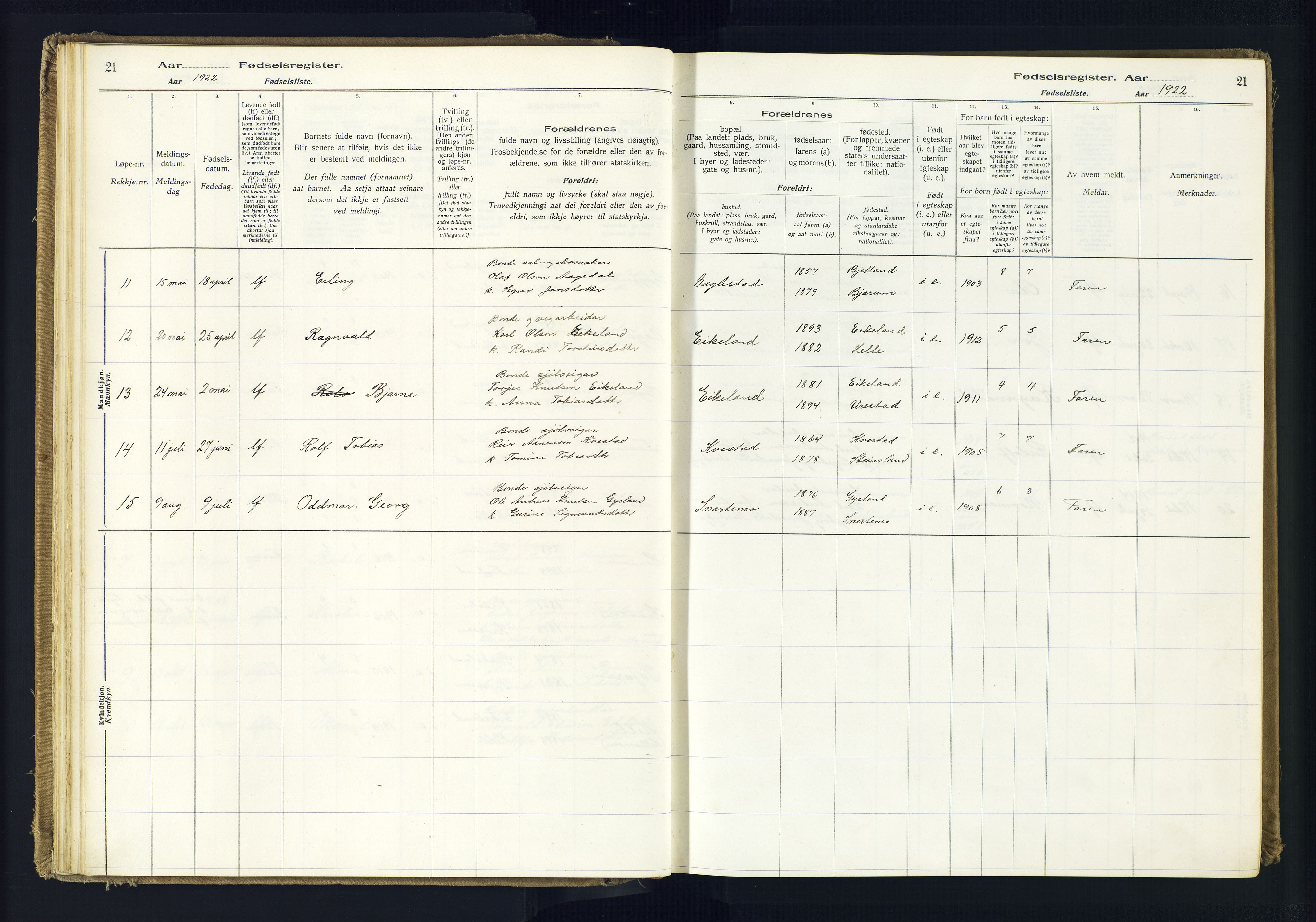 Hægebostad sokneprestkontor, AV/SAK-1111-0024/J/Ja/L0001: Birth register no. II.6.7, 1916-1982, p. 21