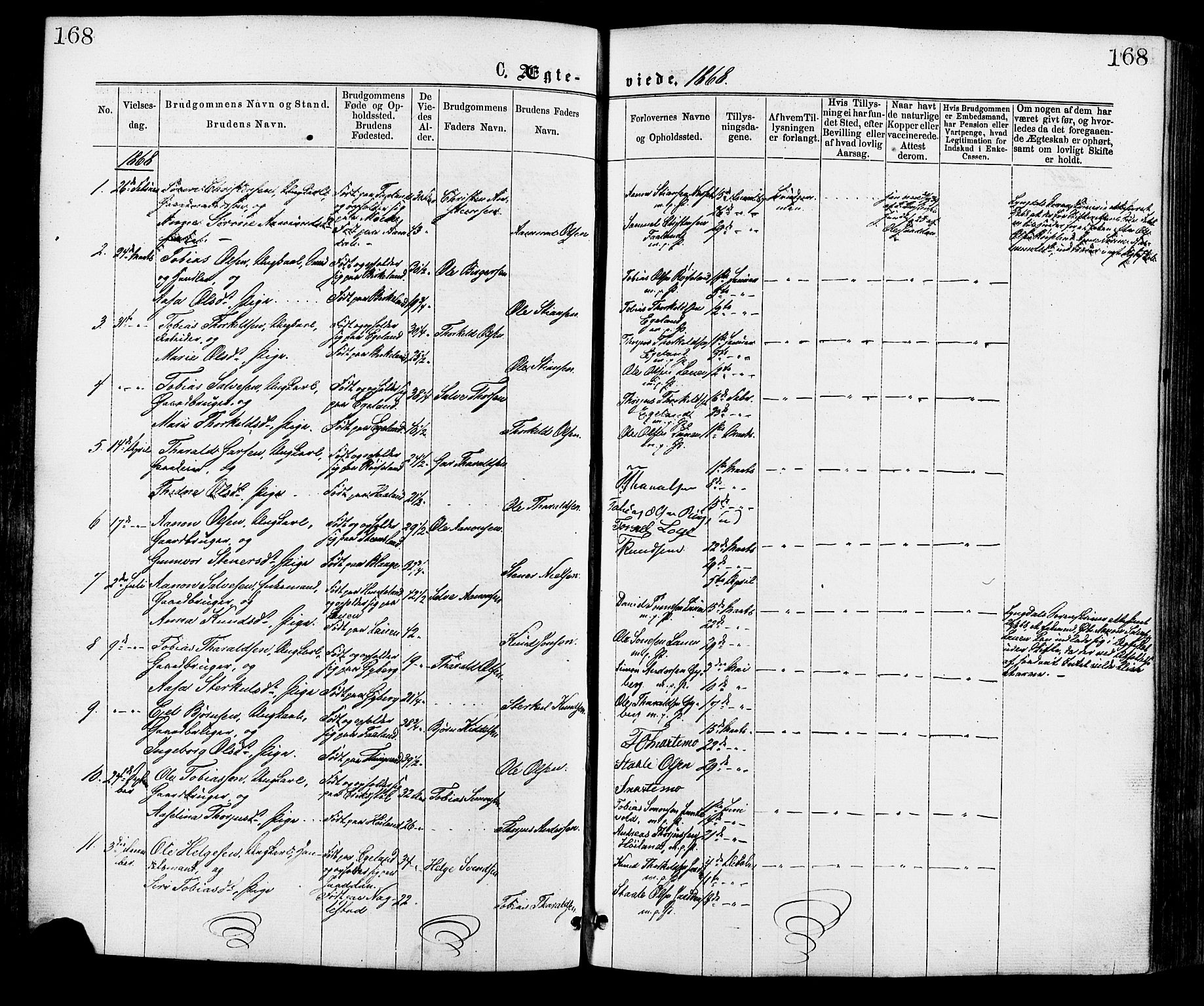 Hægebostad sokneprestkontor, AV/SAK-1111-0024/F/Fa/Faa/L0005: Parish register (official) no. A 5, 1864-1886, p. 168