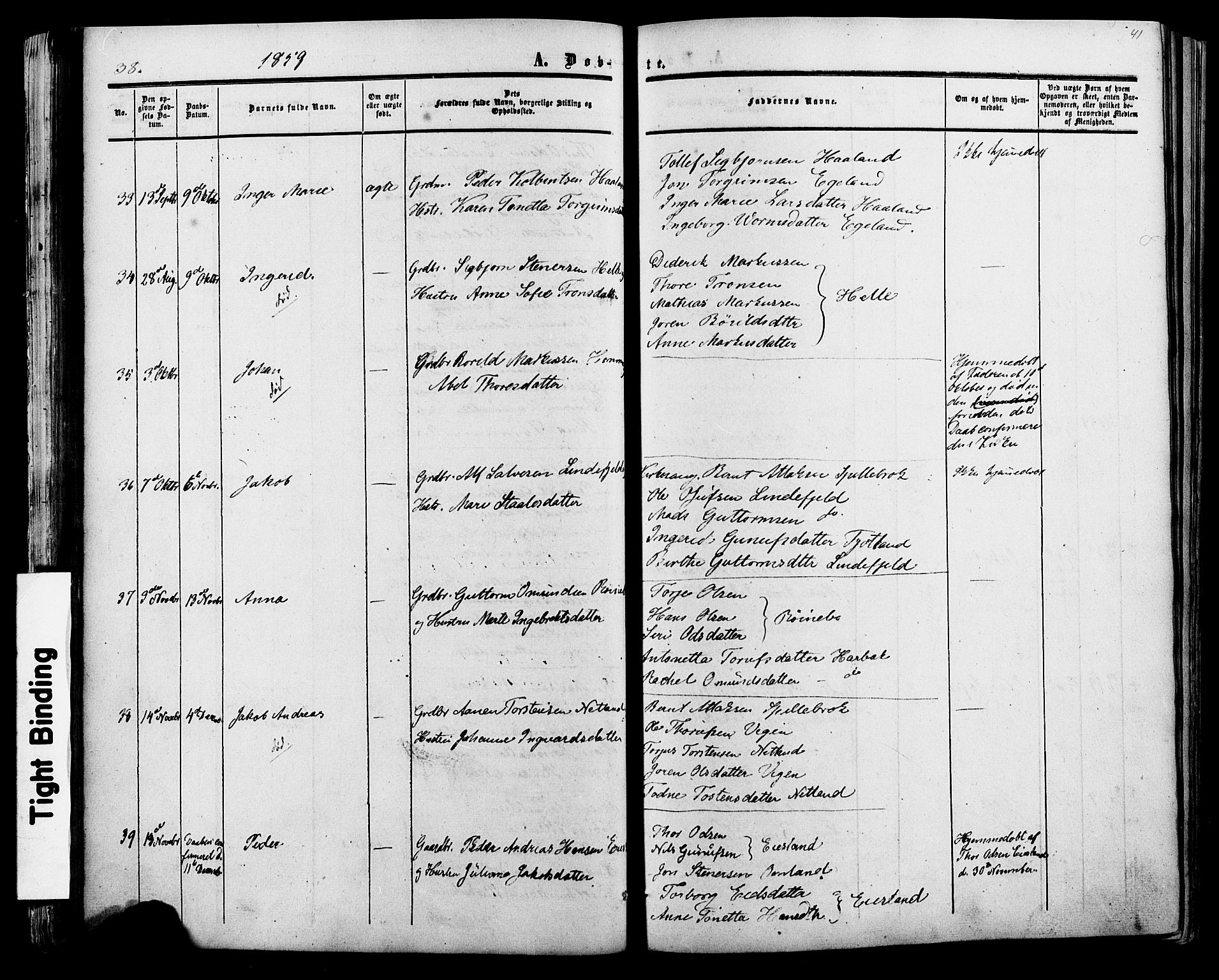 Fjotland sokneprestkontor, SAK/1111-0010/F/Fa/L0001: Parish register (official) no. A 1, 1850-1879, p. 41