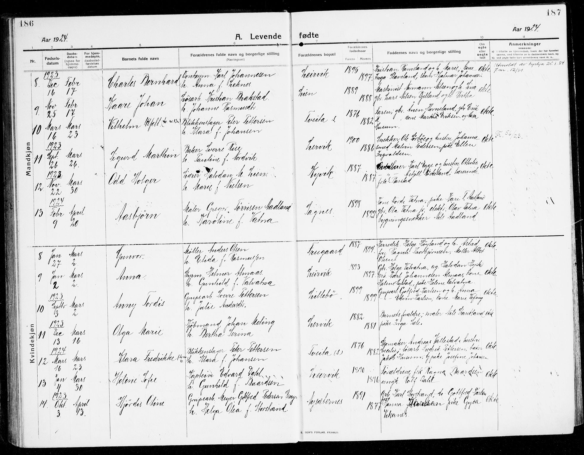 Stord sokneprestembete, SAB/A-78201/H/Haa: Parish register (official) no. B 3, 1913-1925, p. 186-187