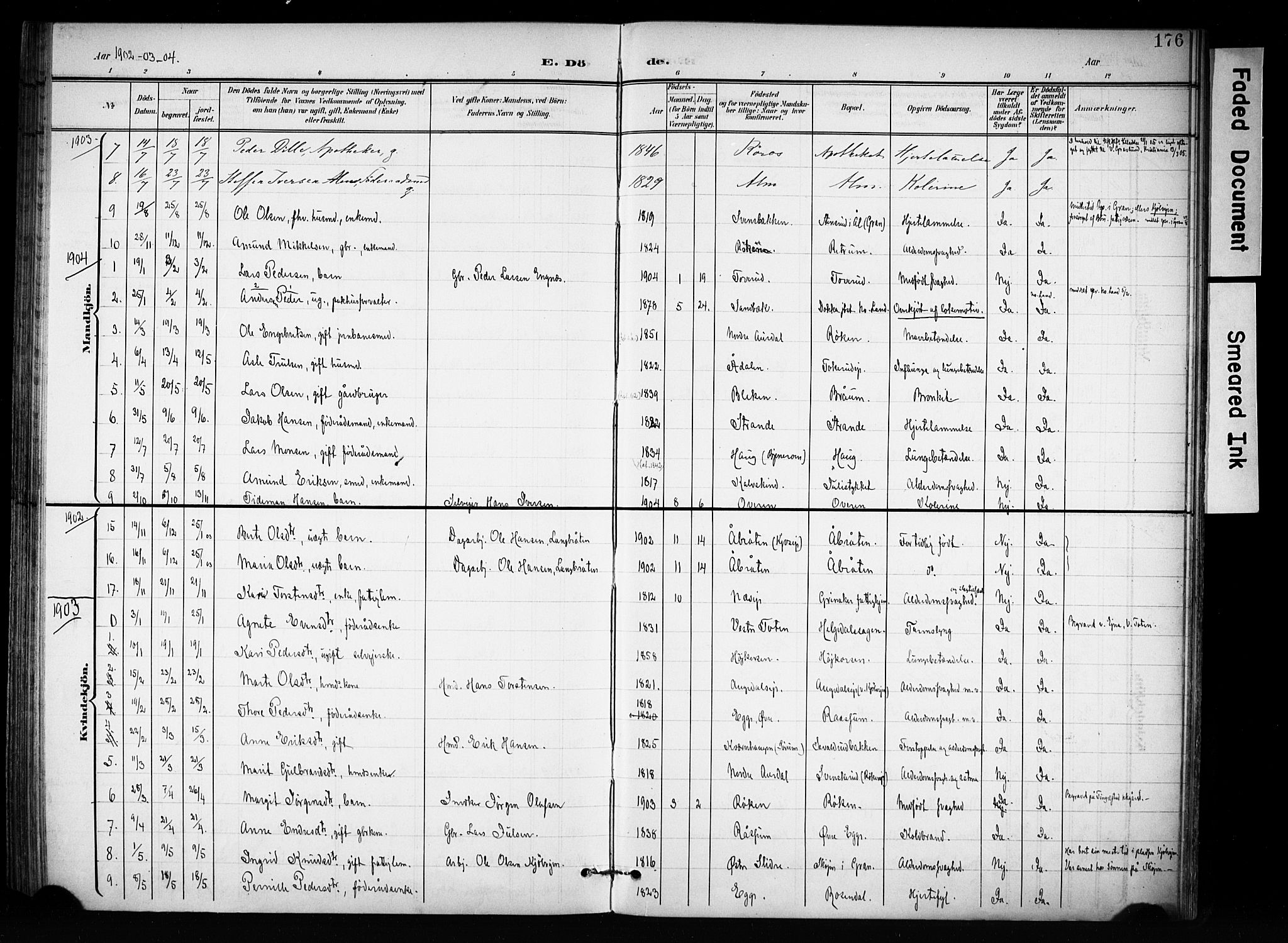 Brandbu prestekontor, SAH/PREST-114/H/Ha/Haa/L0001: Parish register (official) no. 1, 1900-1912, p. 176